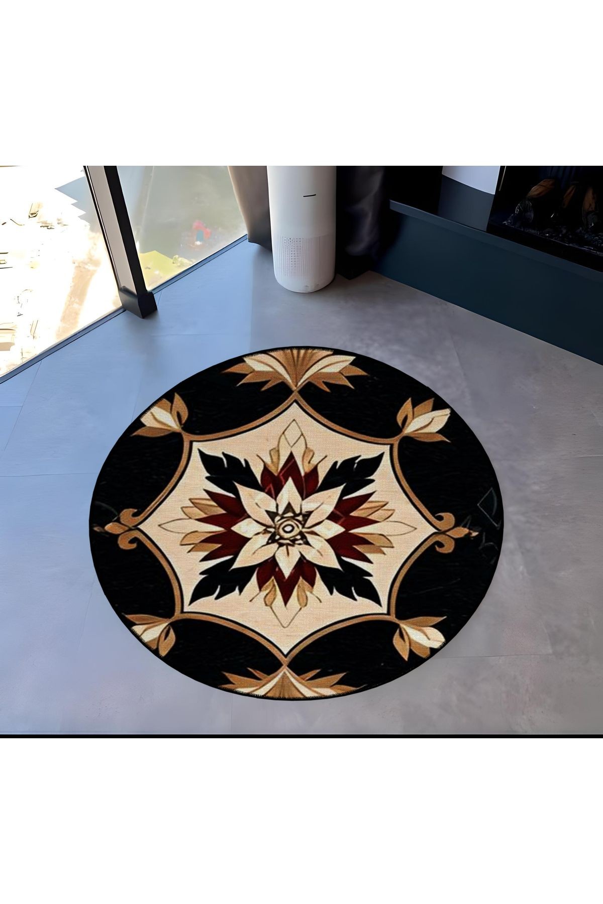Kahve Bej Tema Çiçek Desenli Yuvarlak Dokuma Taban Vintage Dekoratif Halı 6075