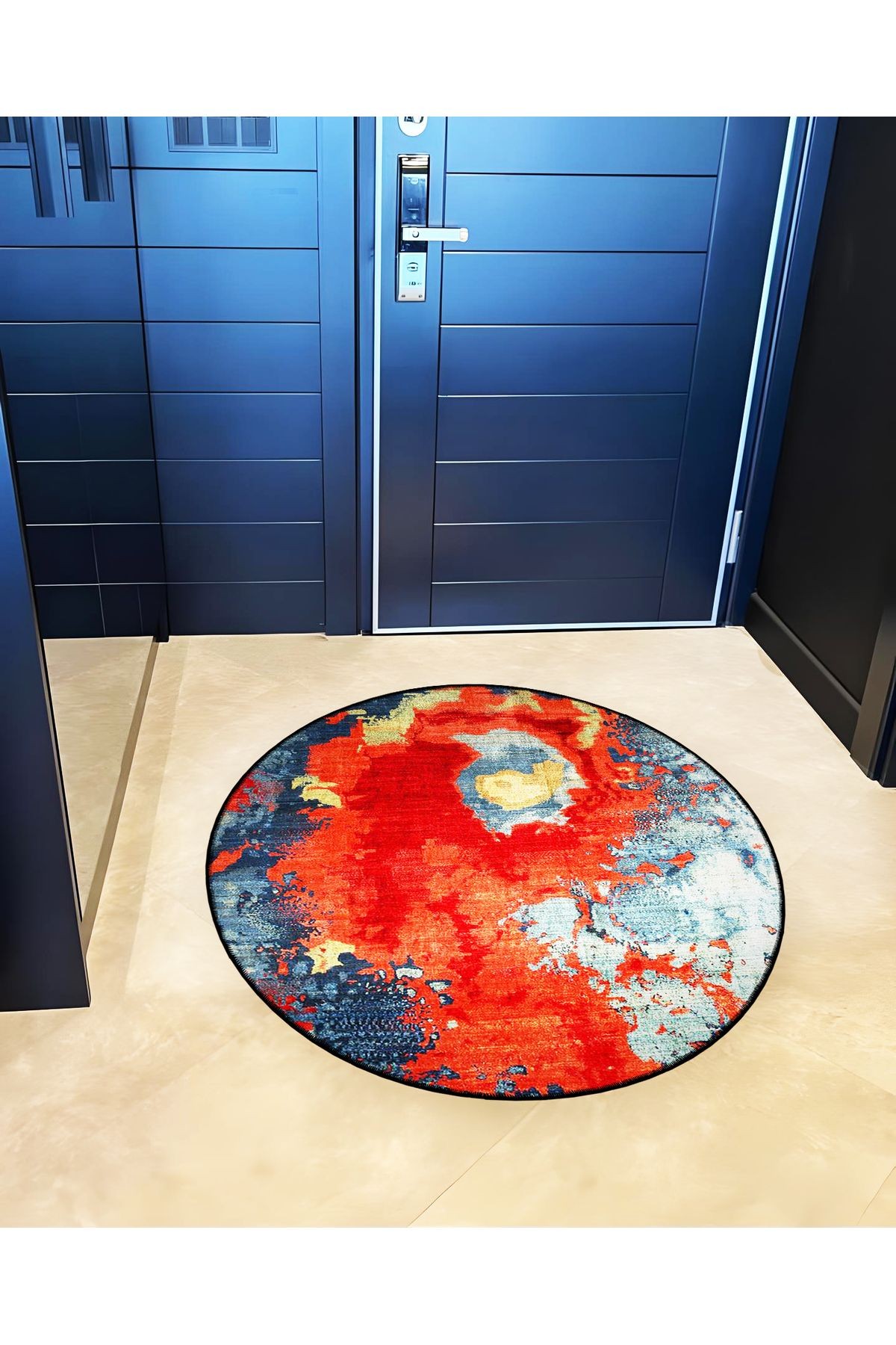 Kırmızı Temalı Soyut Abstract Desenli Yuvarlak Dokuma Taban Modern Dekoratif Halı 6185