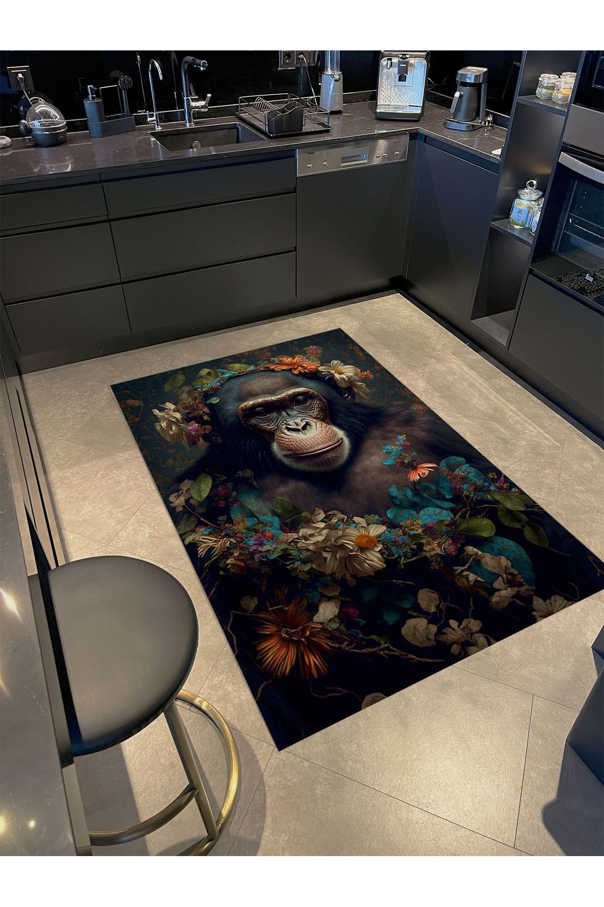 Güneş Koleksiyonu Çiçek Detaylı Maymun Desenli Dokuma Taban Modern Dekoratif Halı güneş22