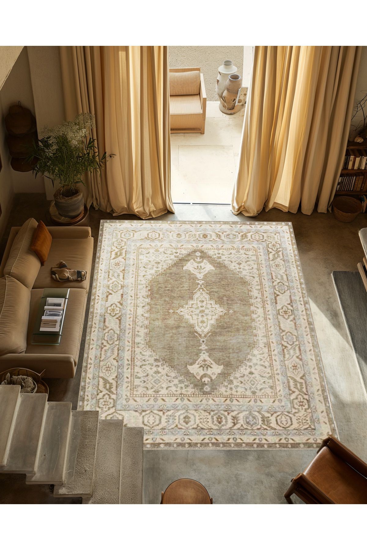 Bej Temalı Geleneksel Motif Desenli Vintage Dekoratif Halı 3286