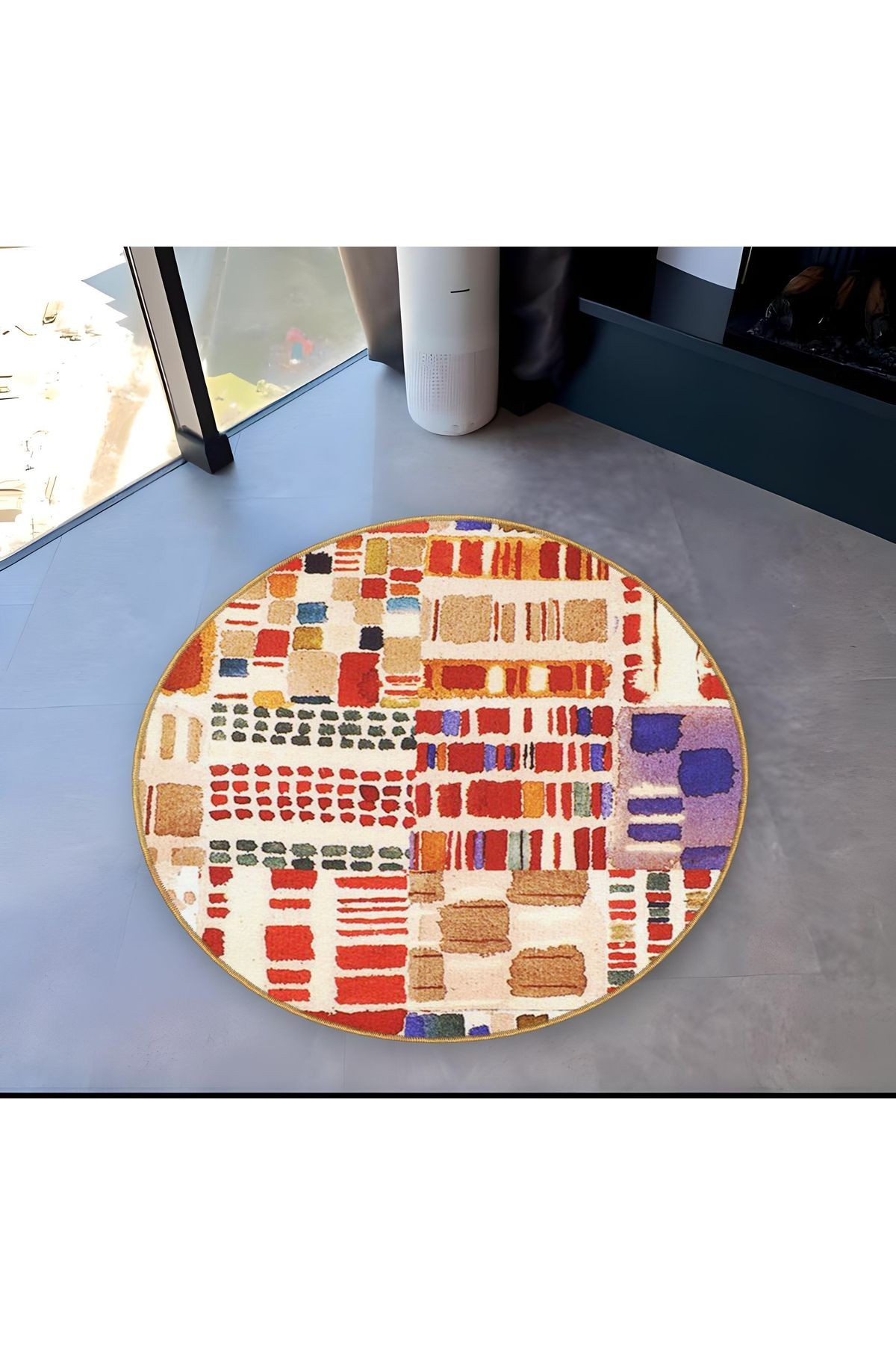 Çok Renkli Karma Geometrik Desenli Yuvarlak Dokuma Taban Modern Dekoratif Halı 6084