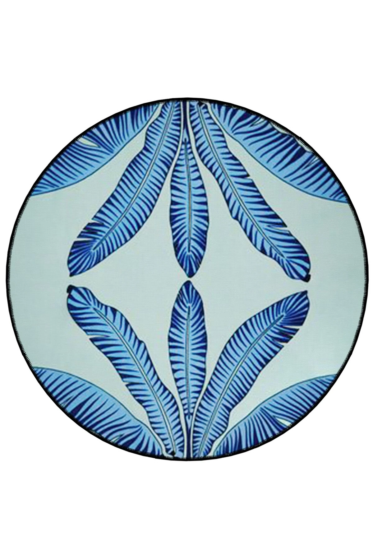 Mavi Temalı Tropikal Yapraklar Desenli Yuvarlak Dokuma Taban Modern Dekoratif Halı 6115