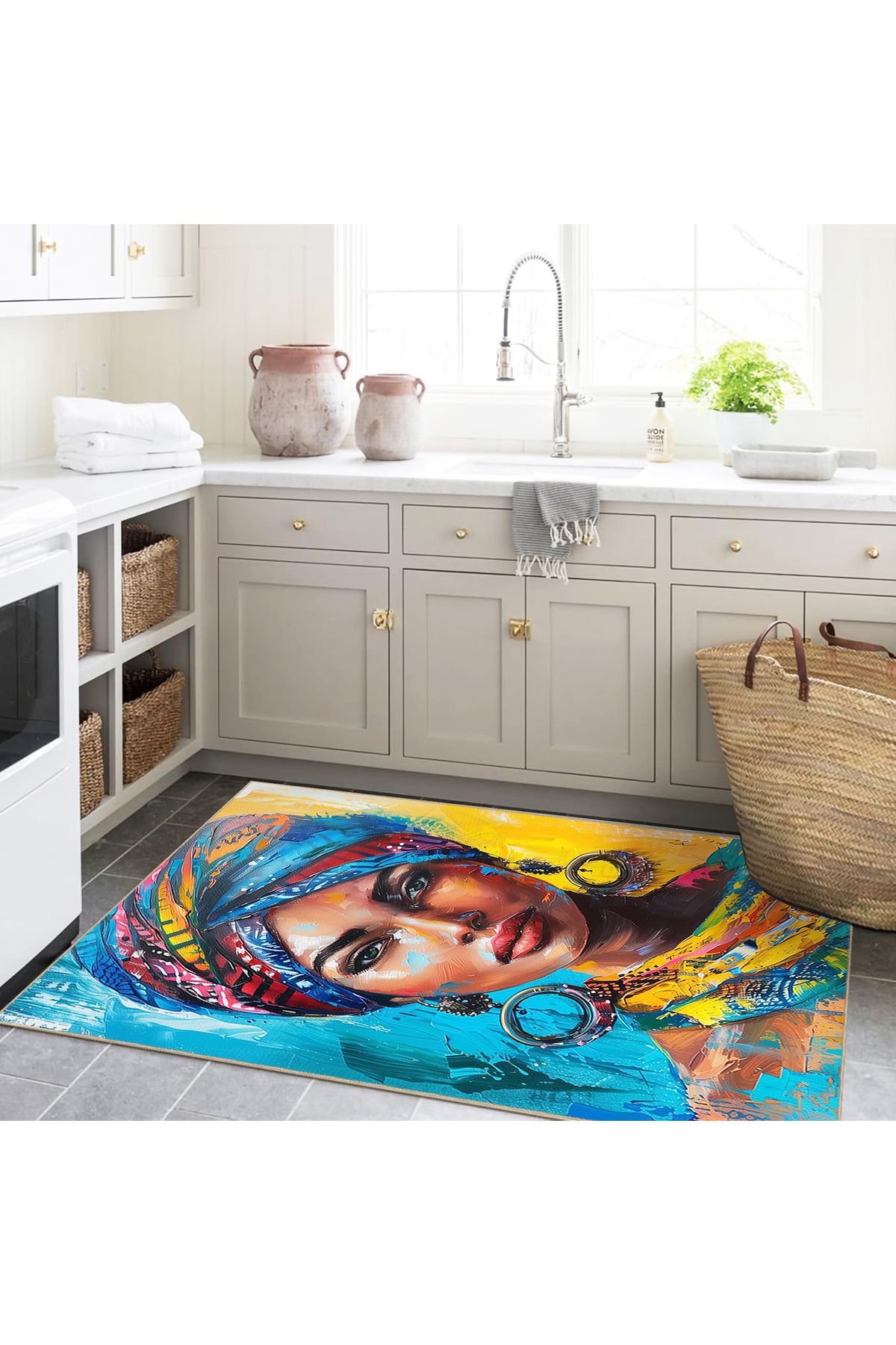 Buse Koleksiyonu Çok Renkli Yağlı Boya Görünümlü Kadın Detaylı Dokuma Taban Dekoratif Halı buse05