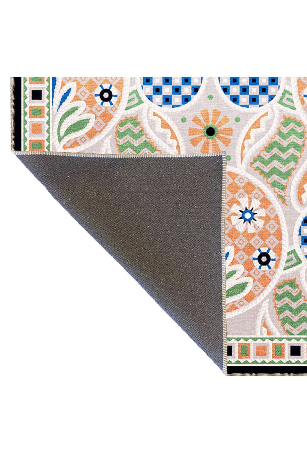 Turuncu Yeşil Temalı Geometrik Figür ve Çiçek Desenli Modern Dekoratif Halı 3414