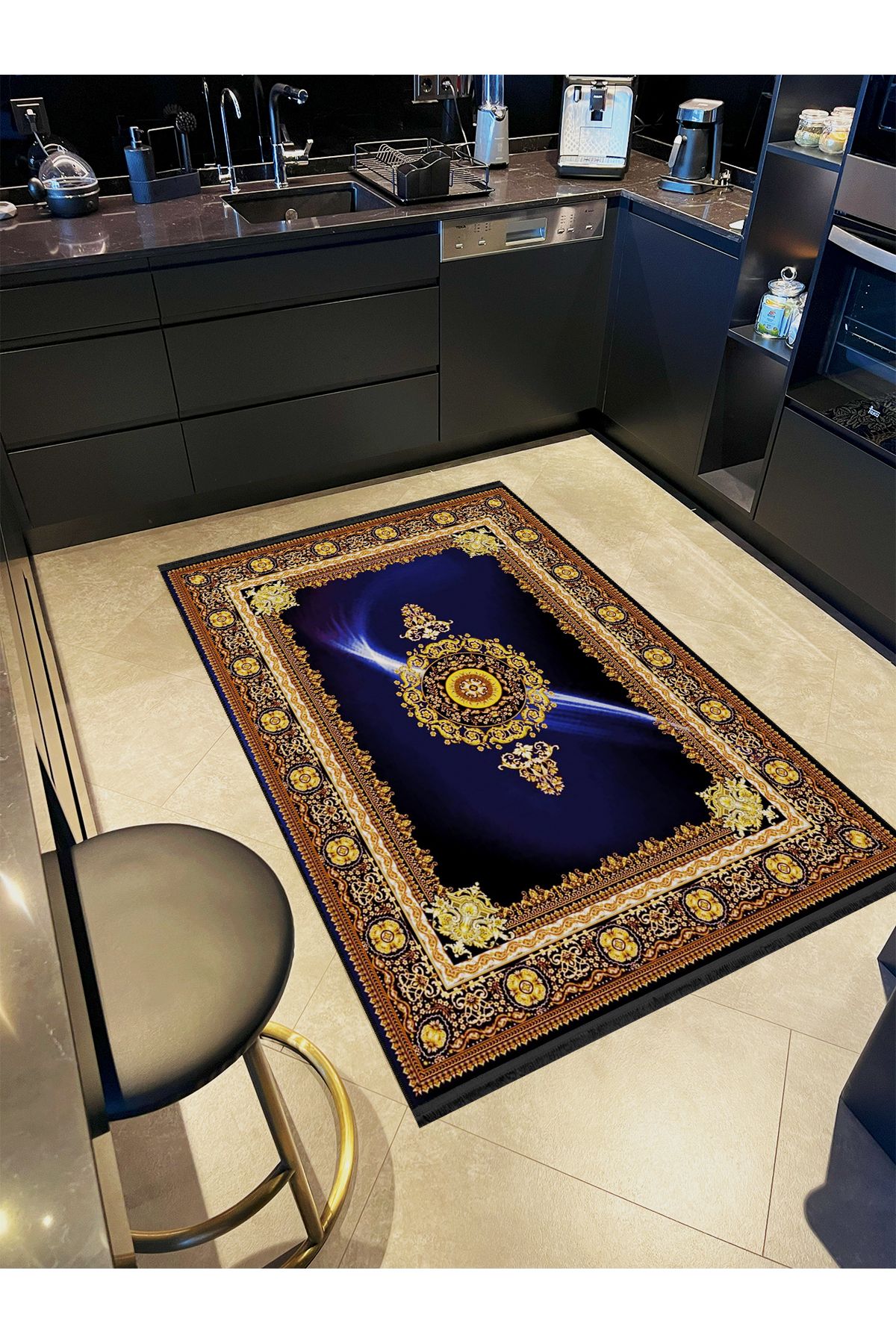 Sarı Bordür Detaylı Desenli Lacivert  Antik Tasarım Serisi Dekoratif Halı antik156