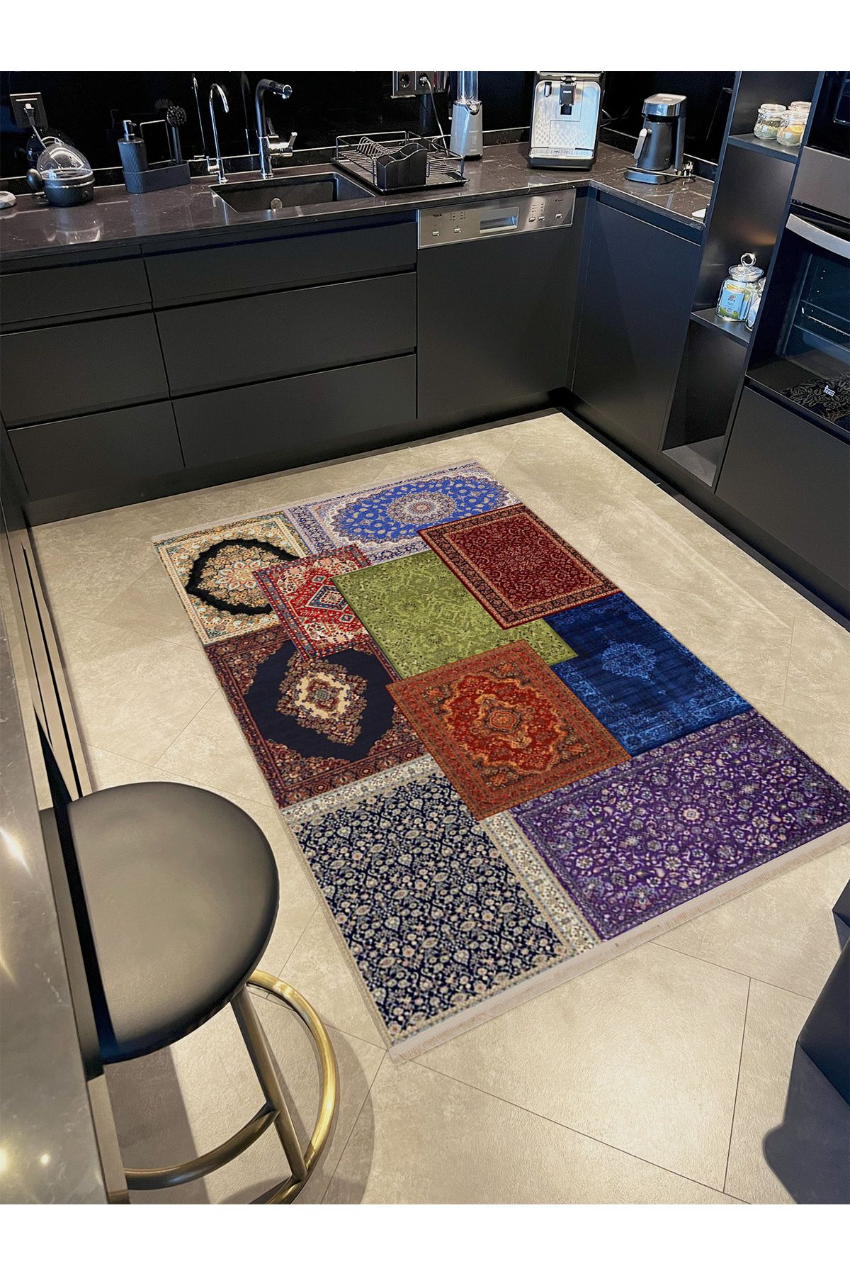 Kuvars Koleksiyonu Çok Renkli Etnik Vintage Desenli Dokuma Taban Geleneksel Dekoratif Halı 04