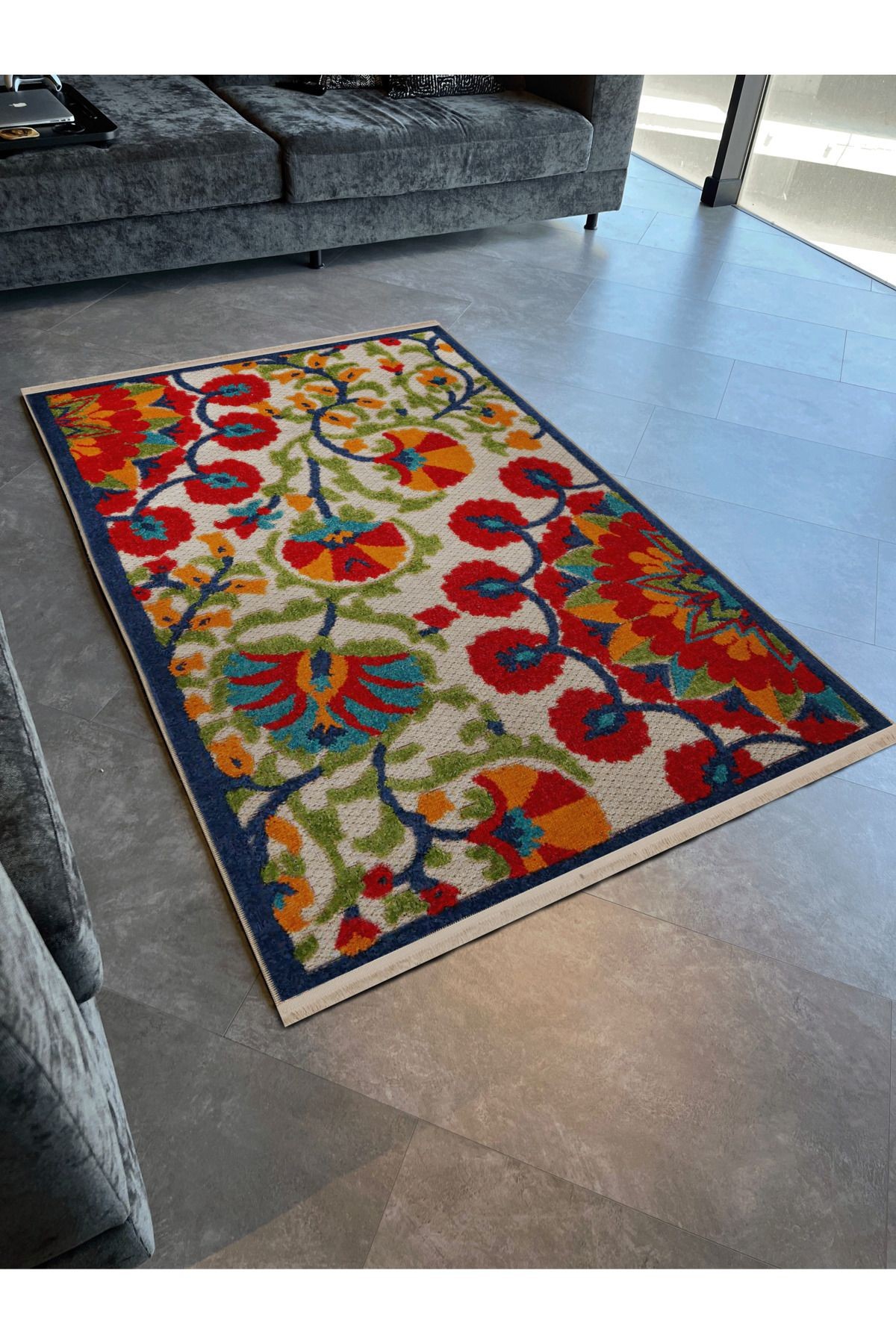 Açık Ton Çok Renkli Çiçek ve Gül Motif Desenli Kreatif Vintage Dekoratif Halı 2673