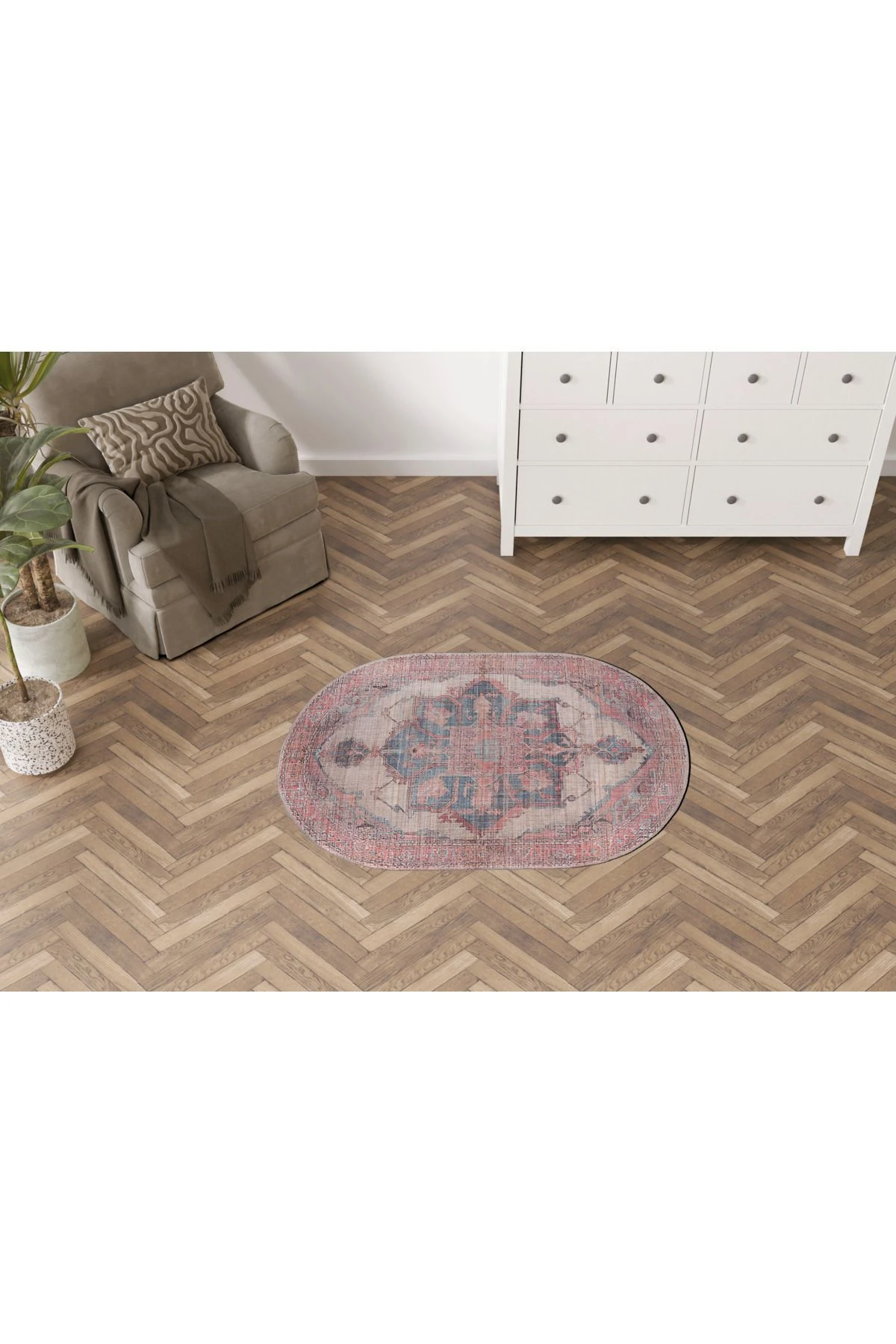 Pembe Temalı Çok Renkli Geleneksel Motif Desenli Vintage Dokuma Taban Yuvarlak Dekoratif Halı 2101