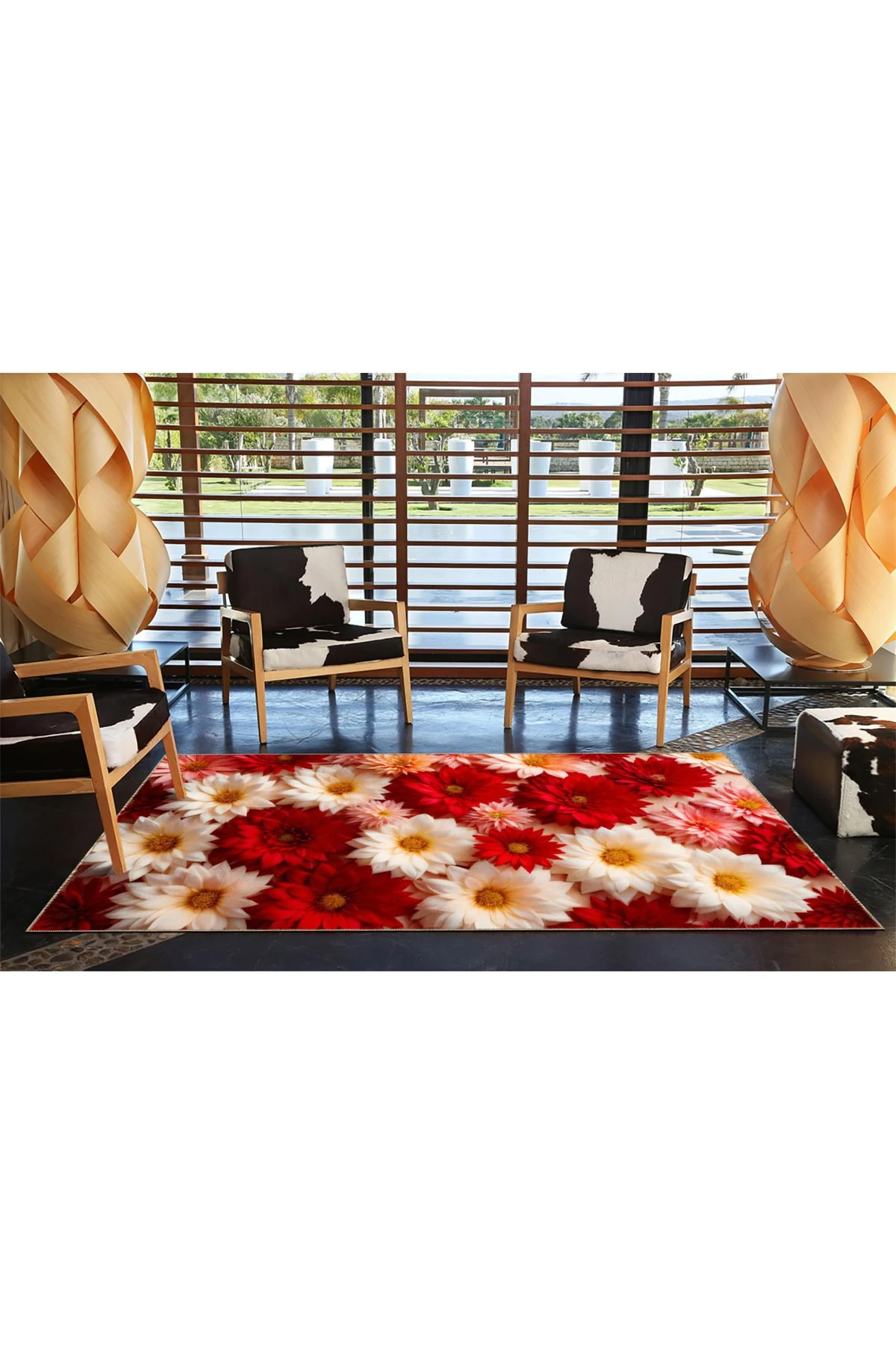 Floral Kırmızı Beyaz Açan Çiçekli Desenli Dekoratif ve Dokuma Taban Yıkanabilir Halı miravip8854