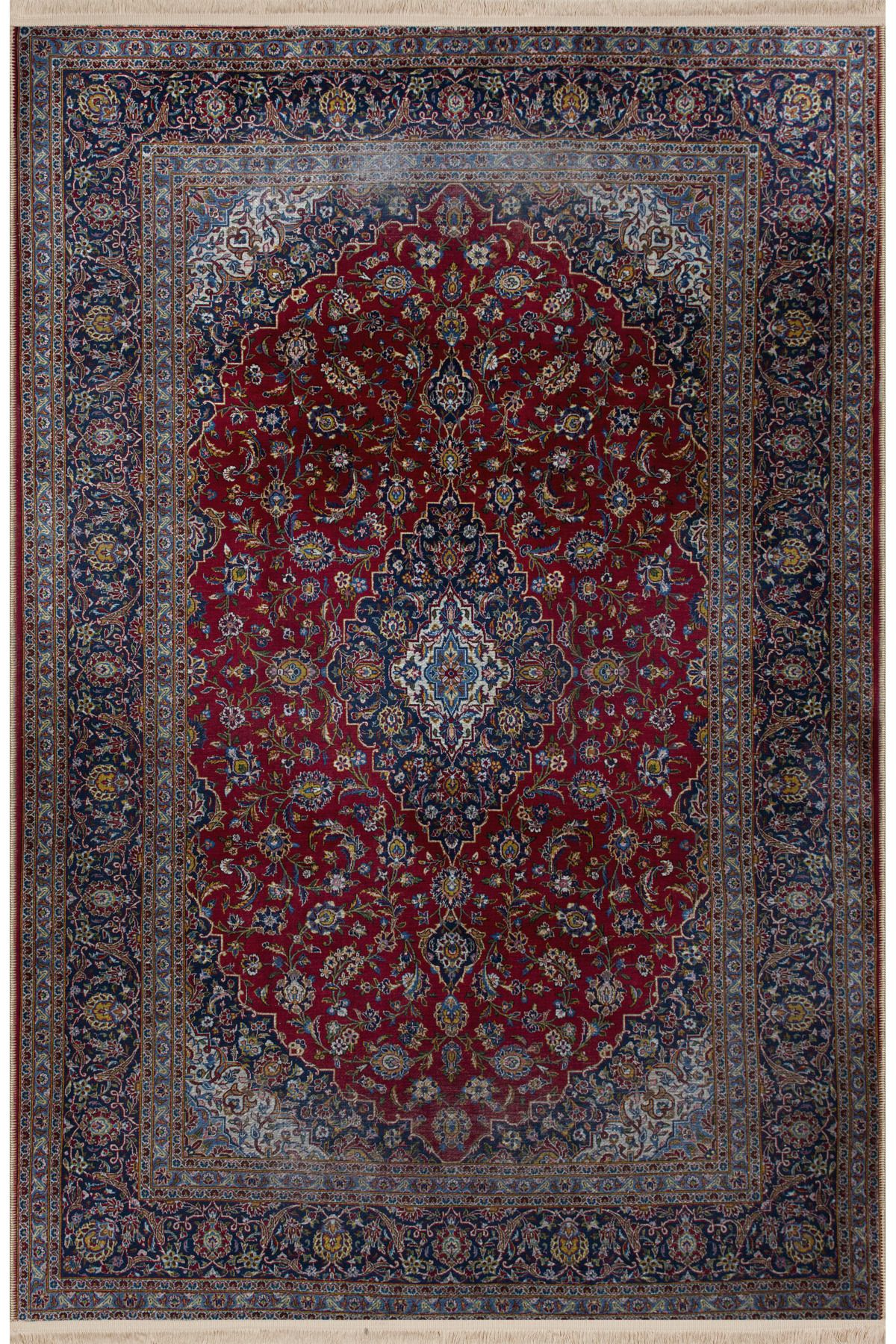Bordo Temalı Çok Renkli Geleneksel Motif Desenli Vintage Dekoratif Halı 2909