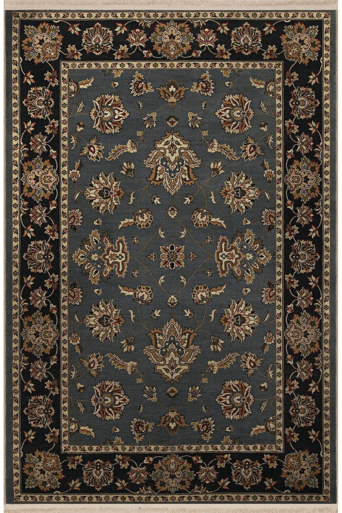 Siyah Gri Temalı Geleneksel Motif Etnik Çiçek Desenli Vintage Dekoratif Halı 2851