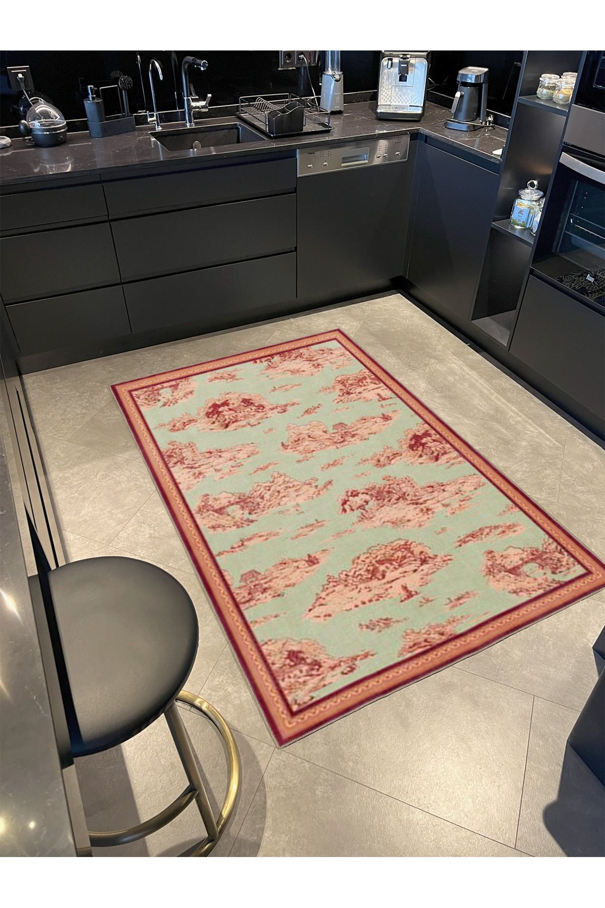 Turuncu Dağ ve Köy Desenli Yıkanabilir Dokuma Taban ve Dekoratif Halı miravip8082