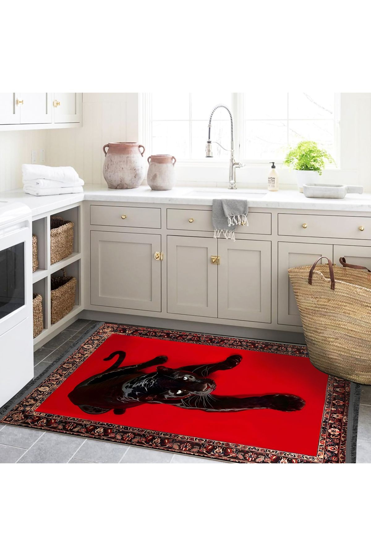 Nilla Koleksiyonu Kırmızı Temalı Asil Siyah Panter Desenli Dokuma Taban Modern Dekoratif Halı 03