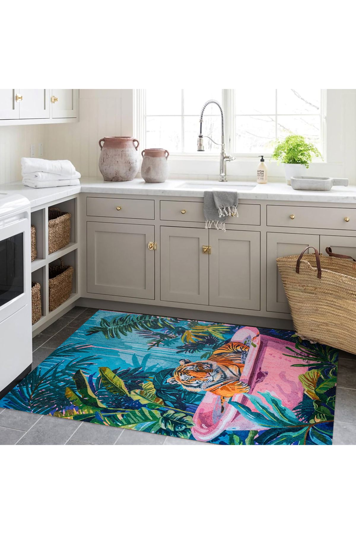 Kuzey Koleksiyonu Doğa Temalı Pembe Küvette Kaplan Desenli Dokuma Taban Dekoratif Halı kuzey38