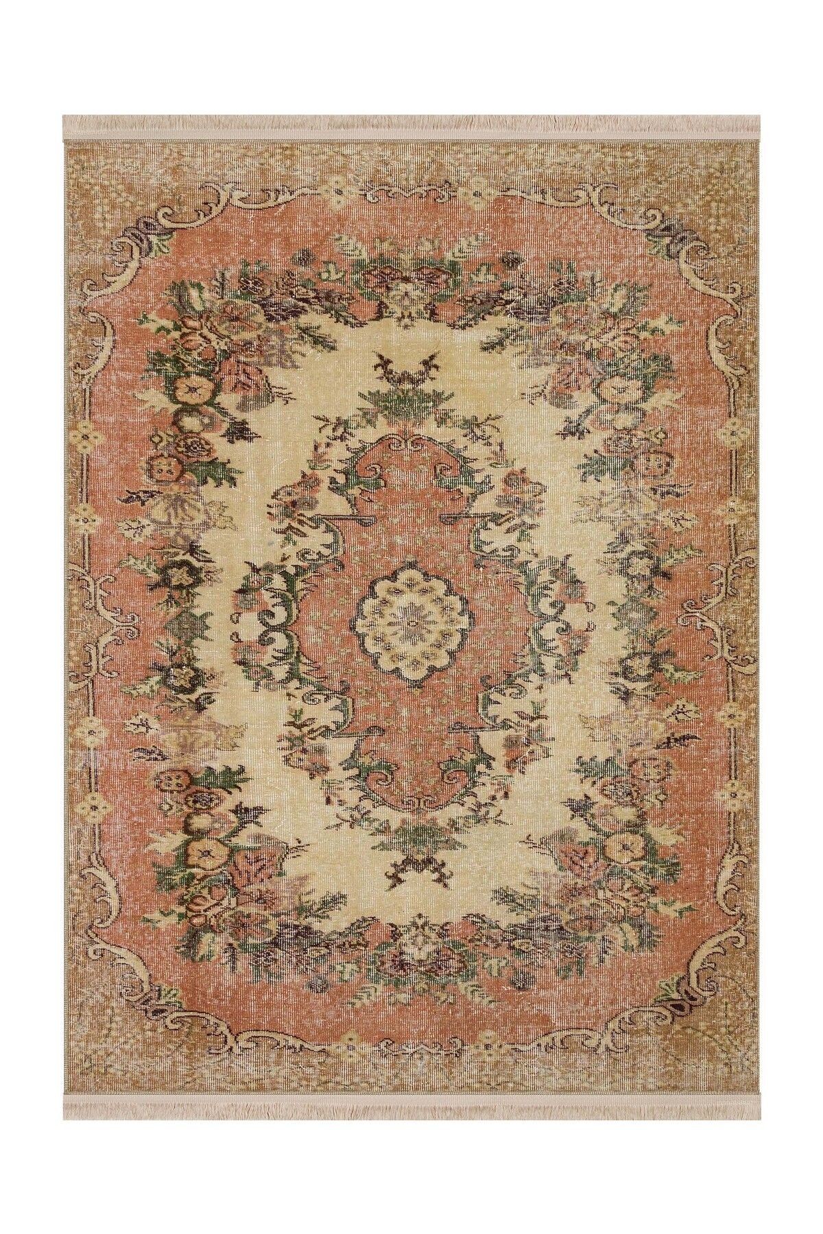 Memlük Koleksiyonu Bej Tonlarda Etnik Motifli Vintage Desenli Dokuma Taban Dekoratif Halı memlük10