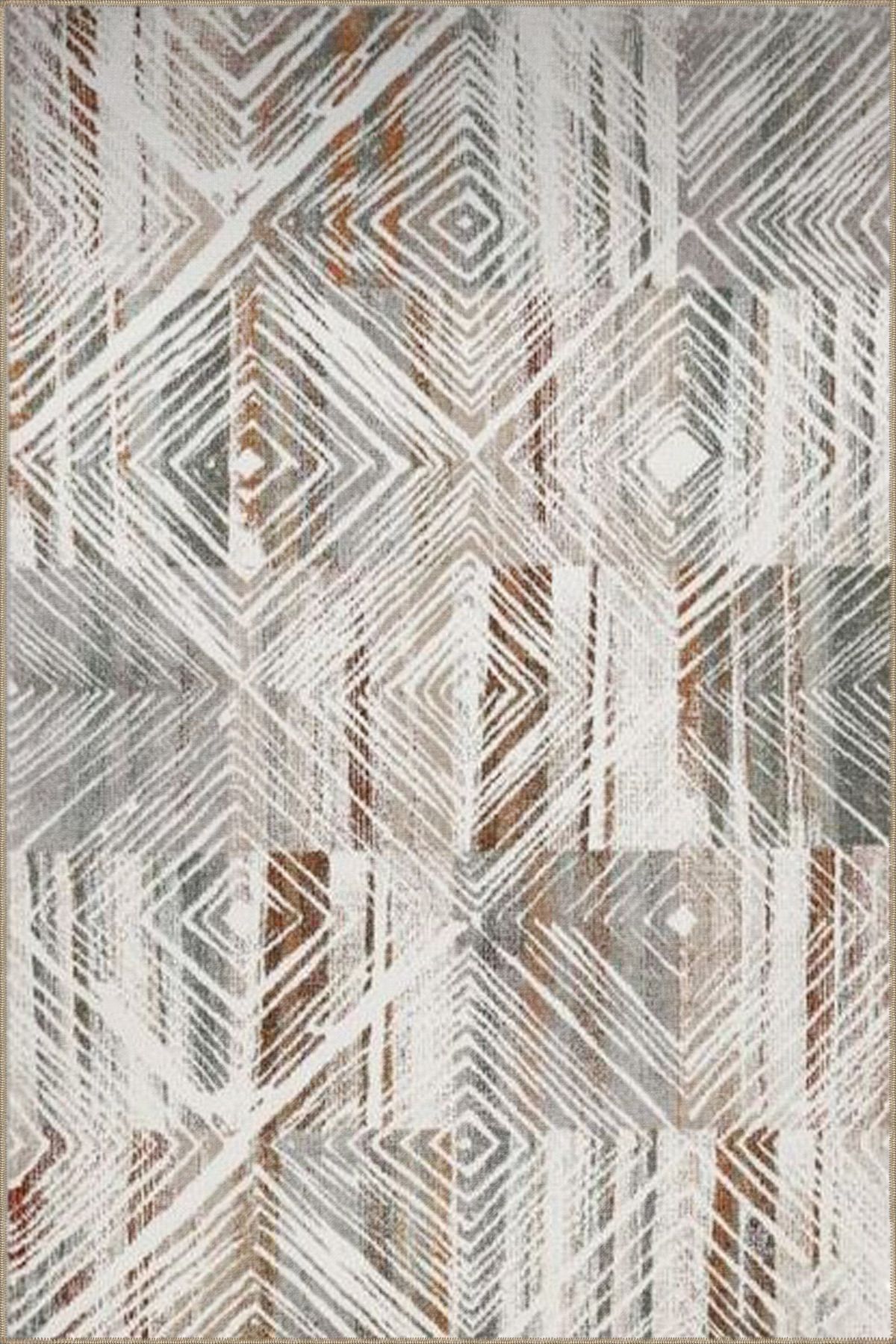 Krem Geometrik Geleneneksel Dokuma Taban Yıkanabilir Halı miravip9147