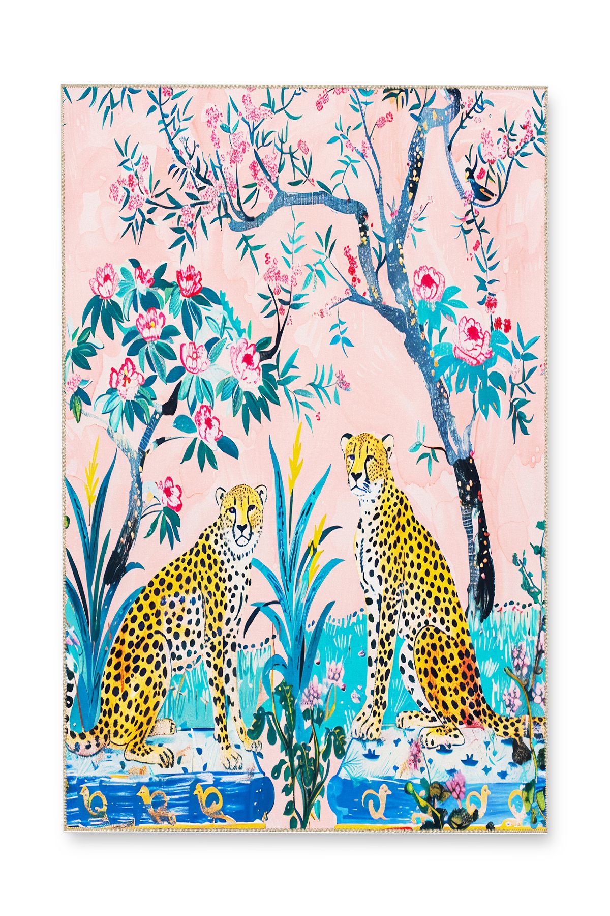 Paris Koleksiyonu Pembe Doğa Temalı İki Leopar Detaylı Modern Dekoratif Halı paris21