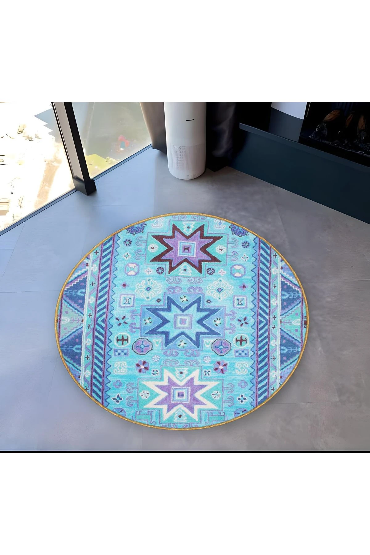 Mira Yuvarlak Turkuaz Mor Tonlarda Etnik Desen Detaylı Dokuma Taban Modern Dekoratif Halı 5607