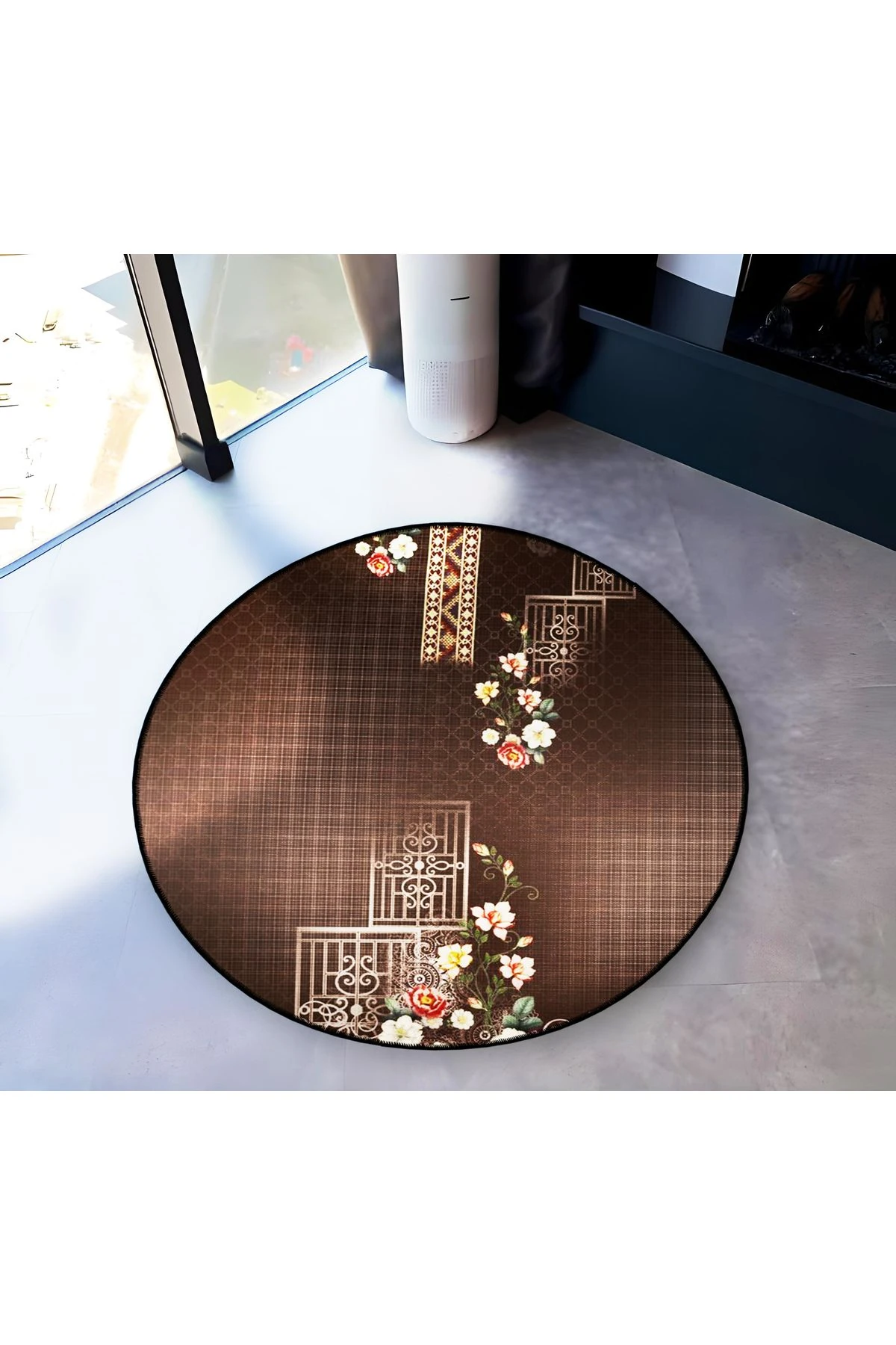 Kahverengi Temalı Geometrik Motifli Çiçek Desenli Yuvarlak Dokuma Taban Vintage Dekoratif Halı 6199