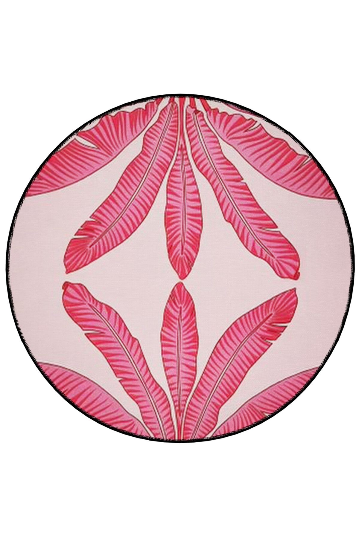 Pudra Pembe Tropikal Yapraklar Desenli Yuvarlak Dokuma Taban Modern Dekoratif Halı 6114
