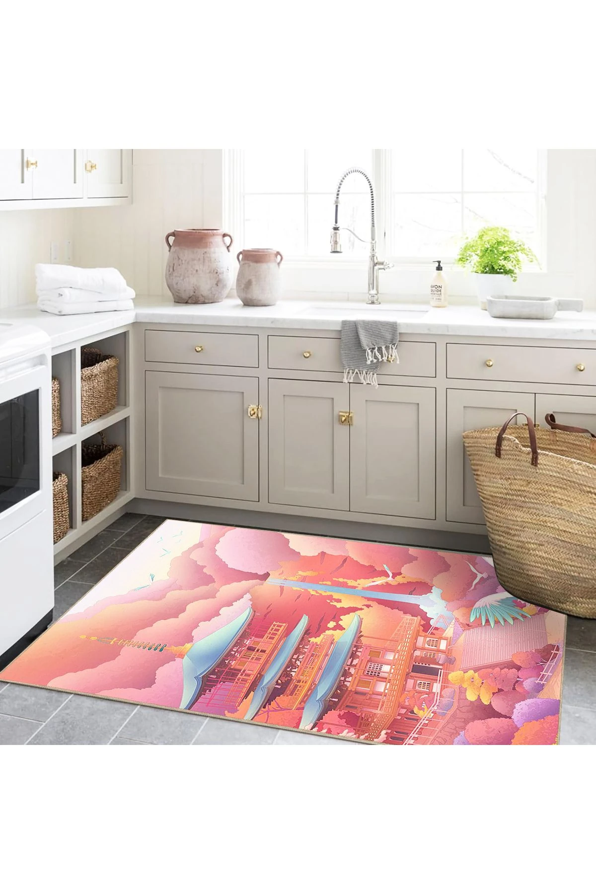 Buse Koleksiyonu Çok Renkli Japon Pagoda Desenli Dokuma Taban Modern Dekoratif Halı buse30