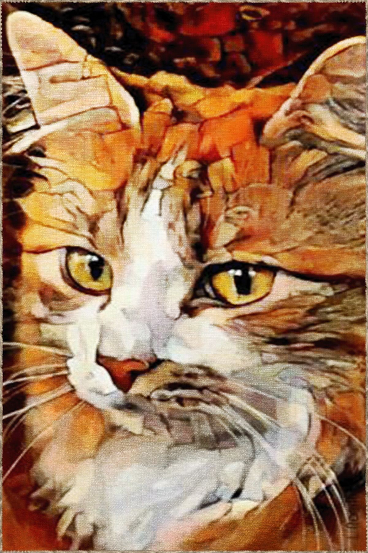 Turuncu Temalı Sürrealist Tasarım Kedi Desenli Modern Dekoratif Halı 3468