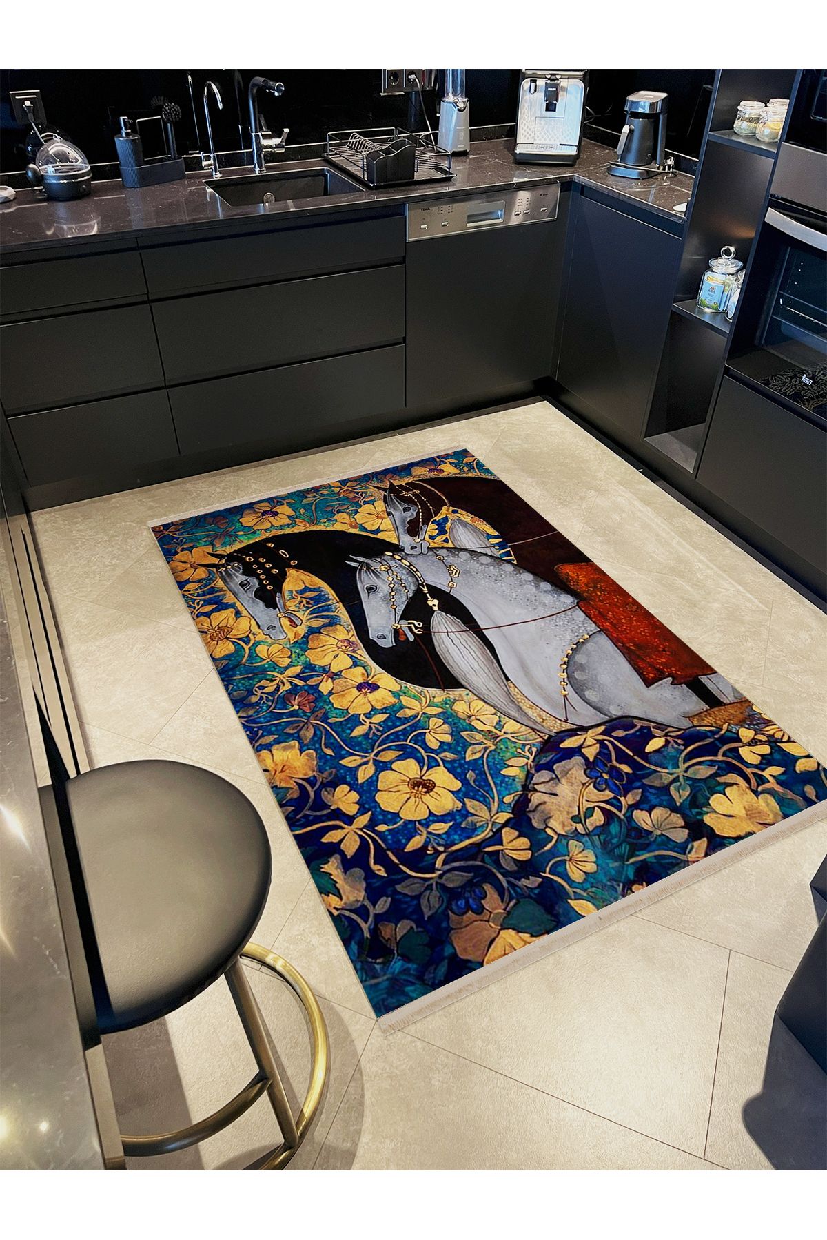 Yılmaz Koleksiyonu Çiçek Temalı Üç Asil At Desenli Dokuma Taban Modern Dekoratif Halı yılmaz27