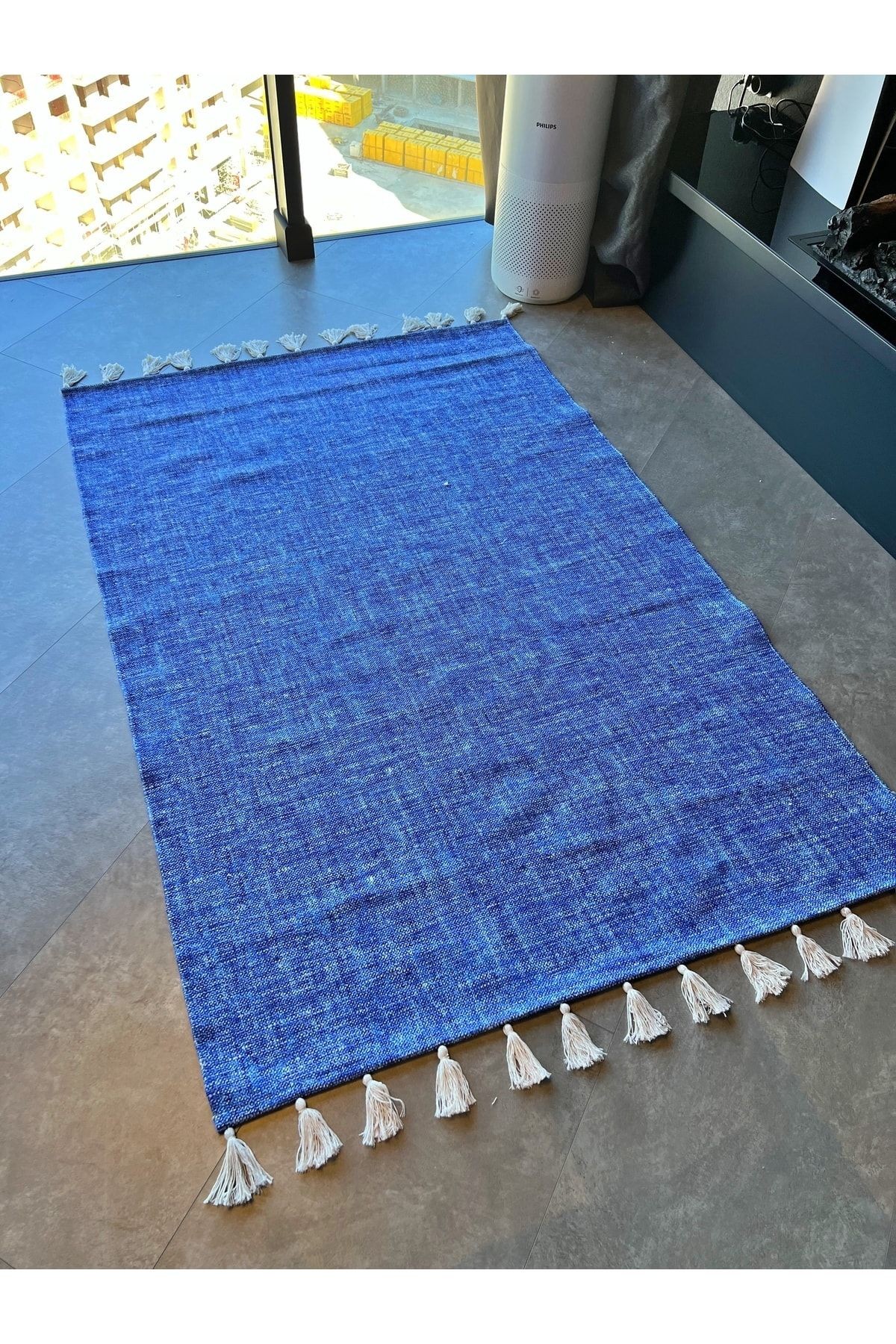 Moroccan 9004 Alaçatı Mavisi Beyaz Püsküllü Bohomian Ve Modern Kilim