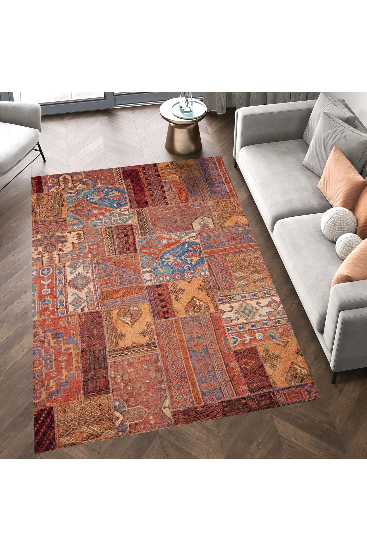 Cansu Koleksiyonu Patchwork Görünümlü Kahverengi Tonlarda Dokuma Taban Modern Dekoratif Halı cansu05