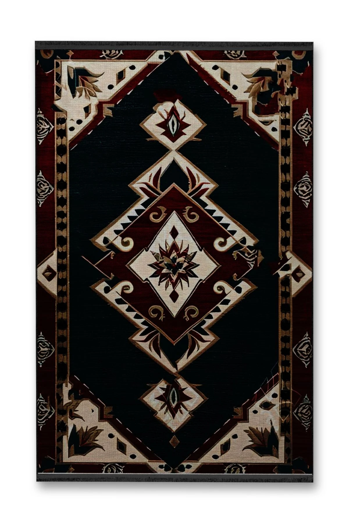 Koyu Yeşil Antik Tasarım Serisi Bordo Desenli Vintage Dekoratif Halı antik37