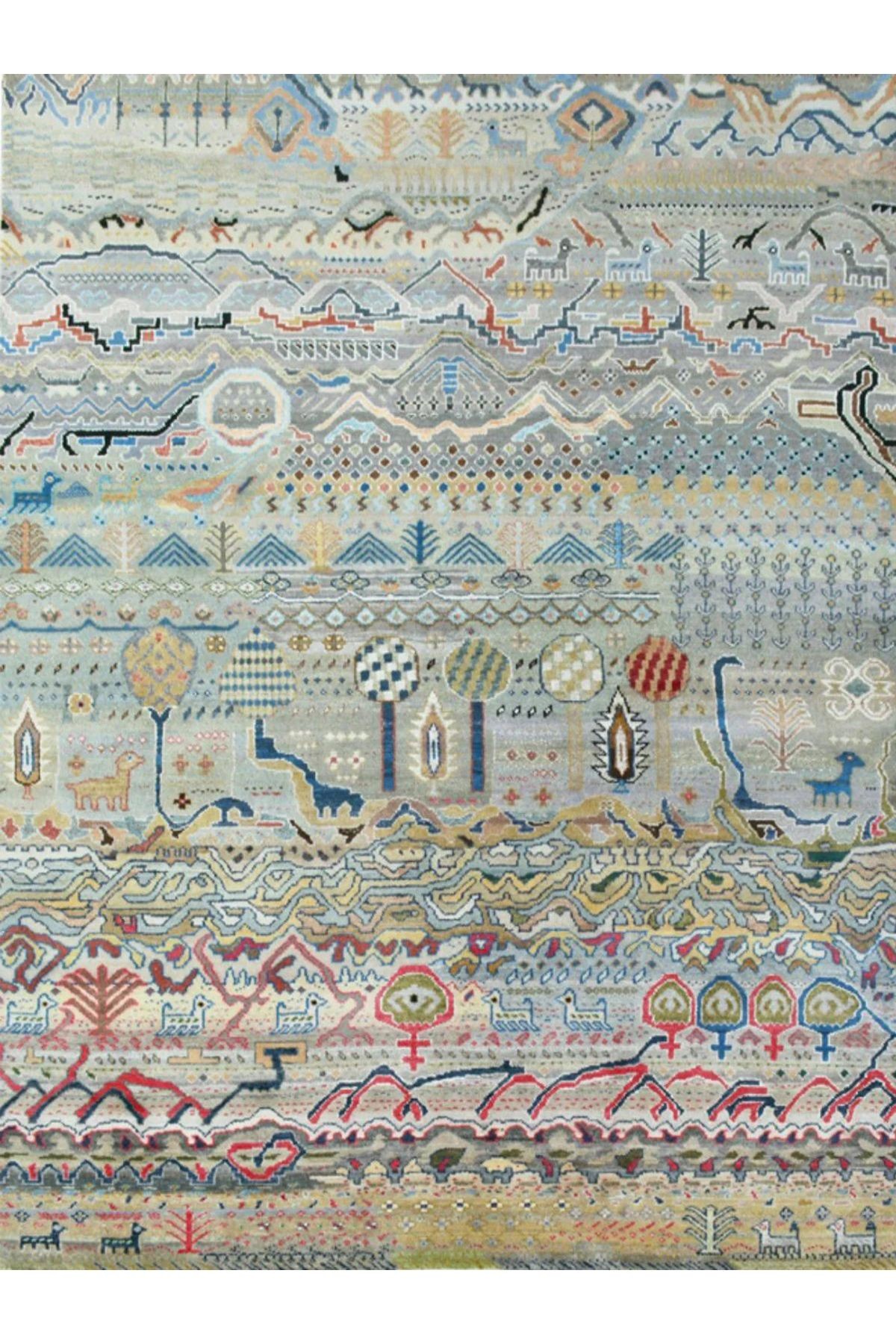 Barcelona Koleksiyonu Çok Renkli Karma Etnik Motifler ve Figürler Desenli Vintage Dekoratif Halı 21
