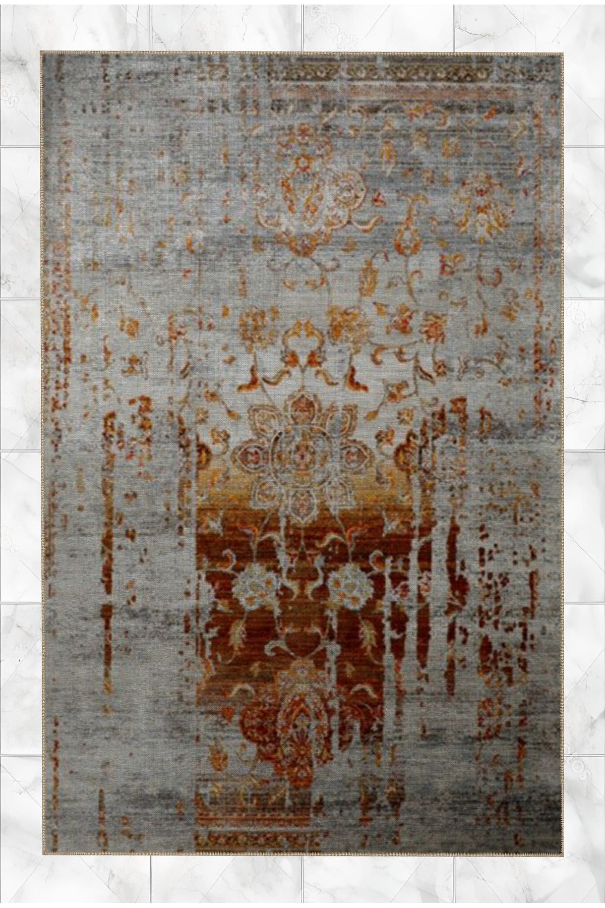 Gri Turuncu Temalı Soyut Geleneksel Motif Desenli Vintage Dekoratif Halı 5176