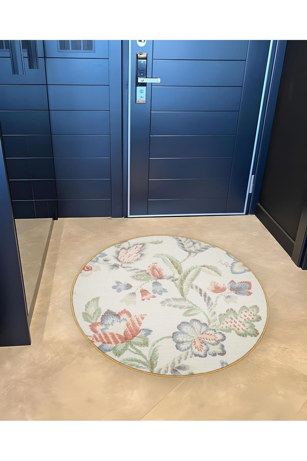 Açık Ton Floral Çiçek Desenli Yuvarlak Dokuma Taban Modern Dekoratif Halı 6097