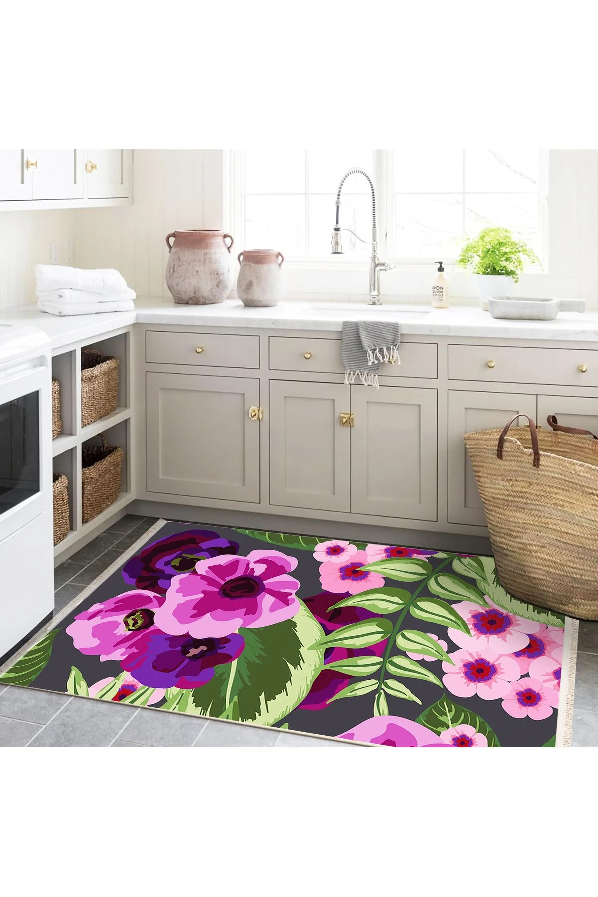 Yılmaz Koleksiyonu Pembe ve Yeşil Tonlar Menekşe ve Yapraklar Desenli Modern Dekoratif Halı 11