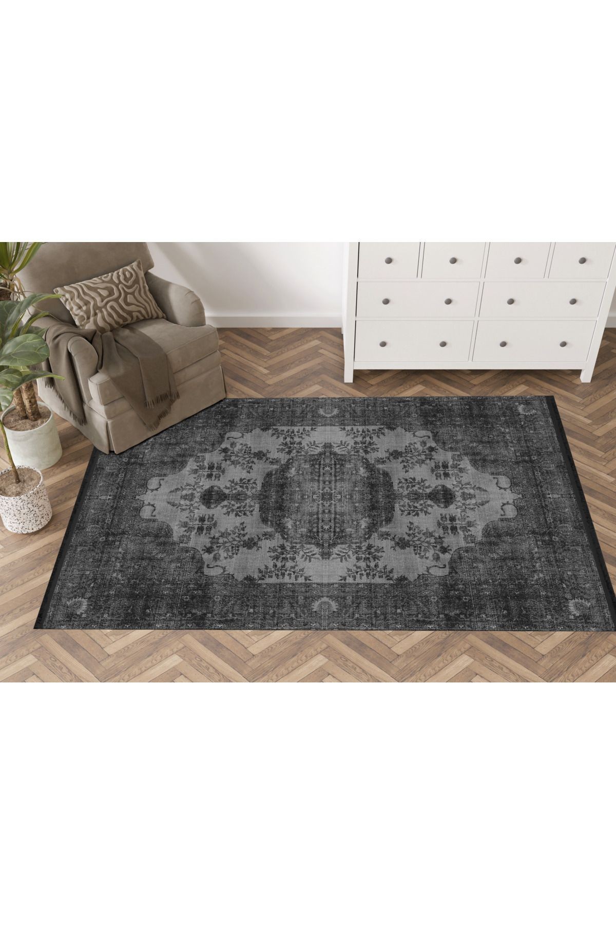 Mira Koyu Ton Gri Temalı Geleneksel Motif Etnik Desenli Vintage Dekoratif Halı Mira 1608