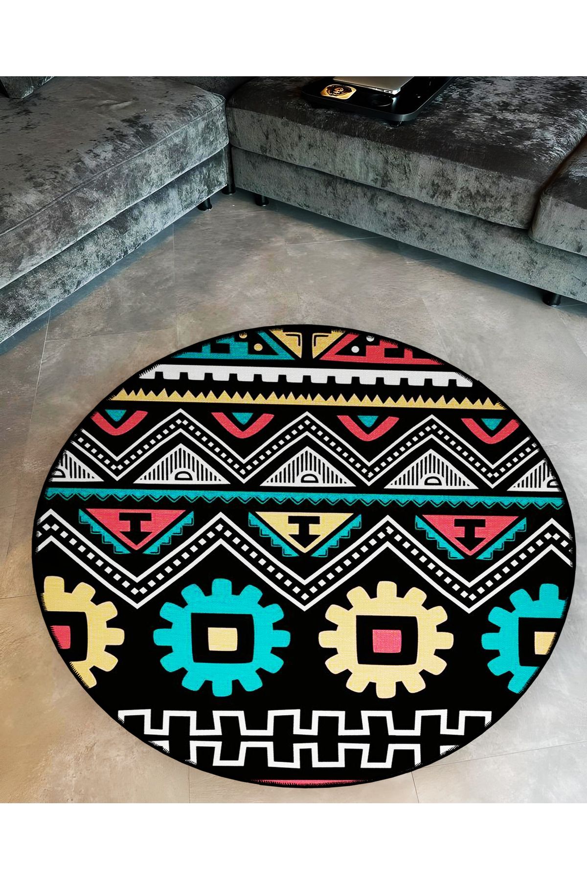 Mira Yuvarlak Siyah Çok Renkli Şekiller Dokuma Taban Modern Dekoratif Halı 5655