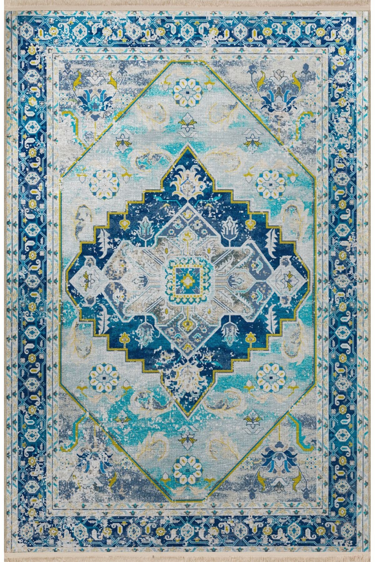 Mavi Temalı Geleneksel Motif Etnik Çiçek Desenli Kreatif Vintage Dekoratif Halı 2617