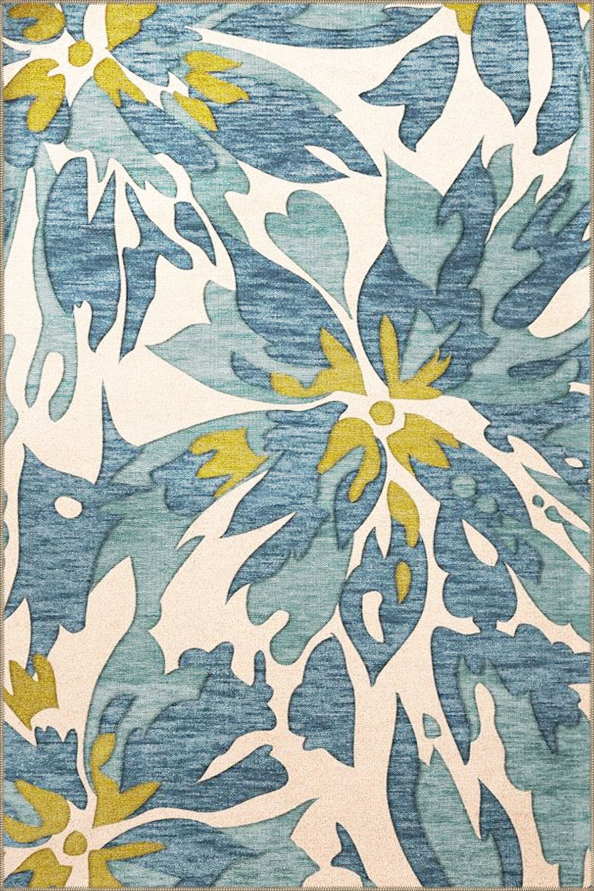 Floral Mavi Çiçek Desenli Dokuma Halı 4025