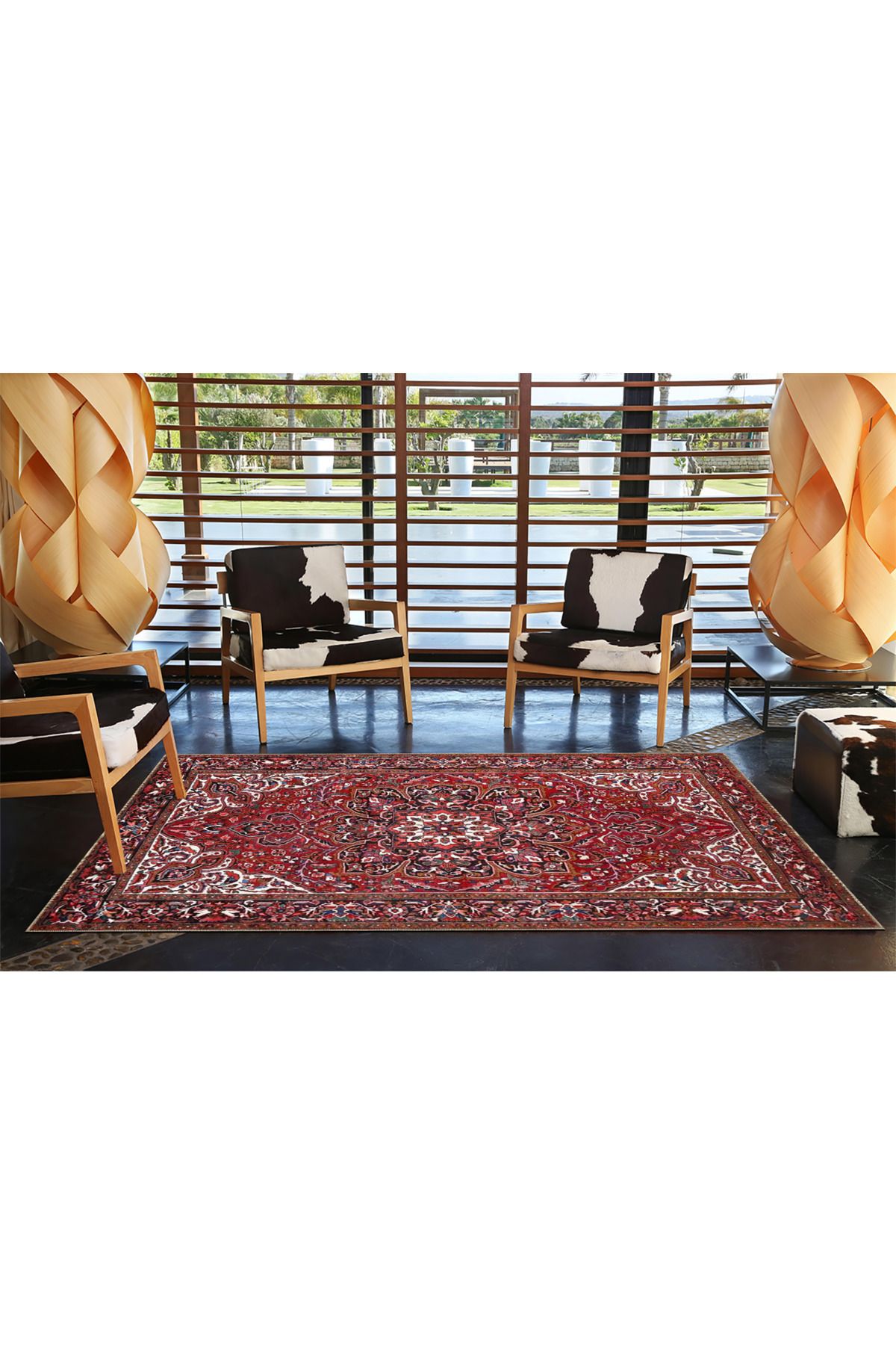 Kırmızı ve Beyaz Renklerde Floral Geleneksel Dekoratif Dokuma Taban Halı miravip18