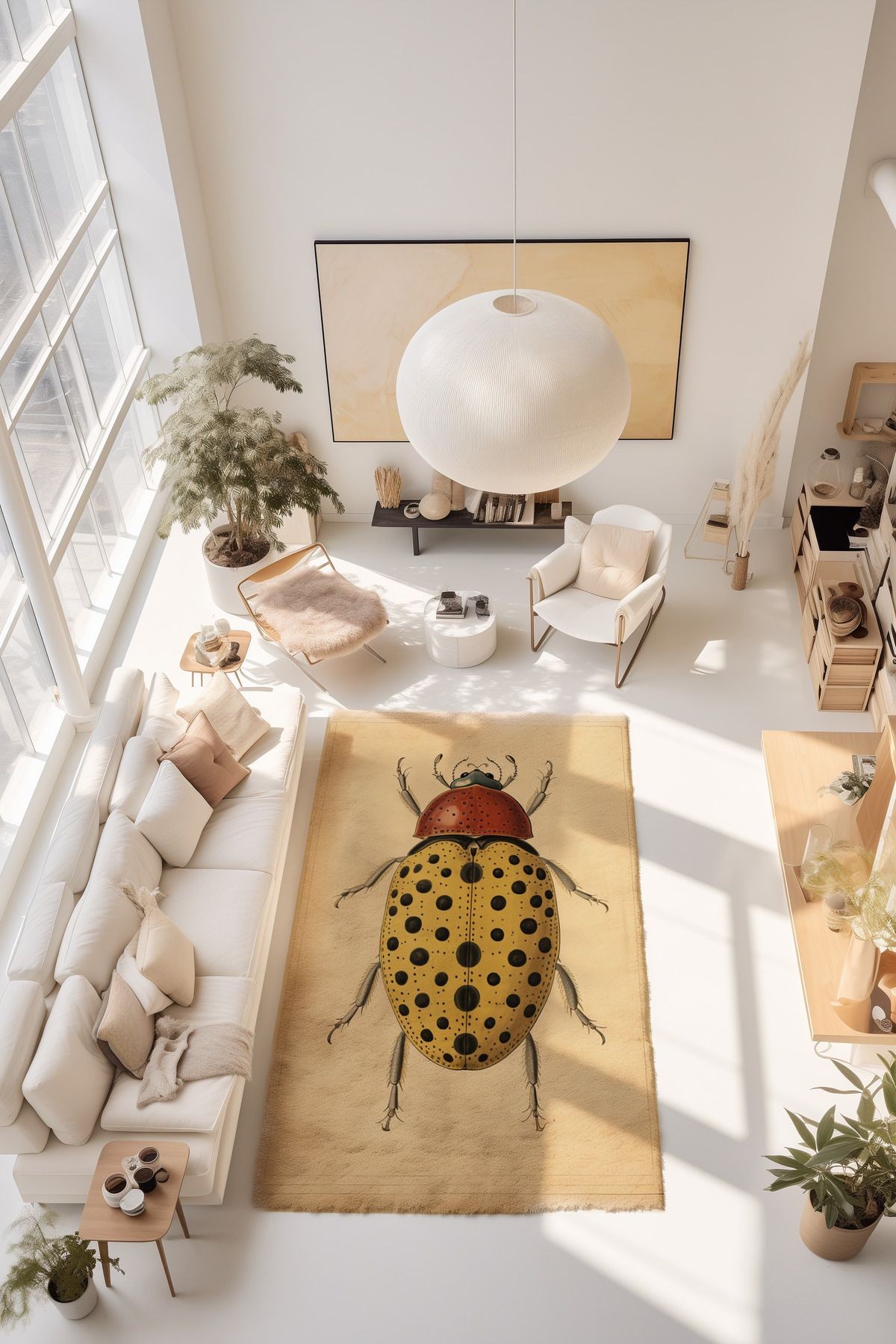 Dido Koleksiyonu Bej Tema Böcek Desenli Modern Dekoratif Halı 3324