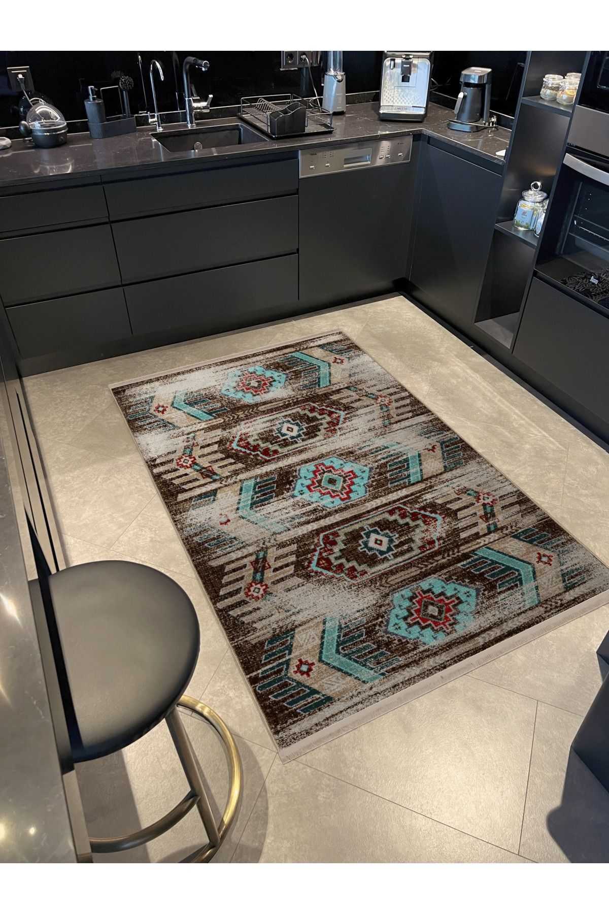 Turkuaz Kahve Temalı Geleneksel Motif Desenli Saçaklı Vintage Dekoratif Halı 3084