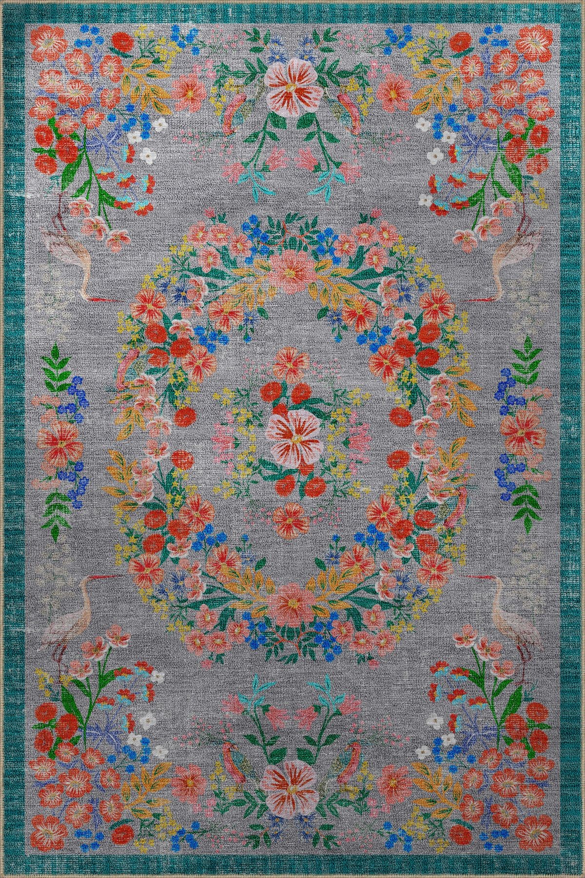 Floral Mira Gri Tema Çok Renkli Çiçek Desenli Renkli Dokuma Taban Halı Mira 2917