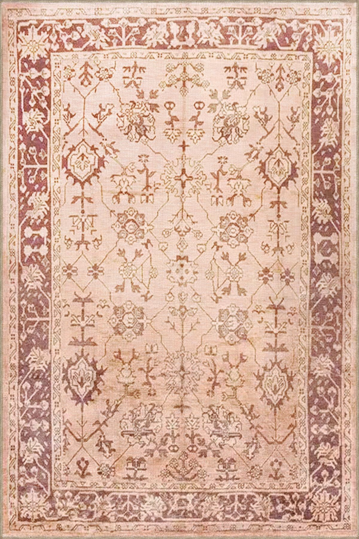 Bej Pudra Temalı Motifli Etnik Çiçek Desenli Vintage Dekoratif Halı 3305