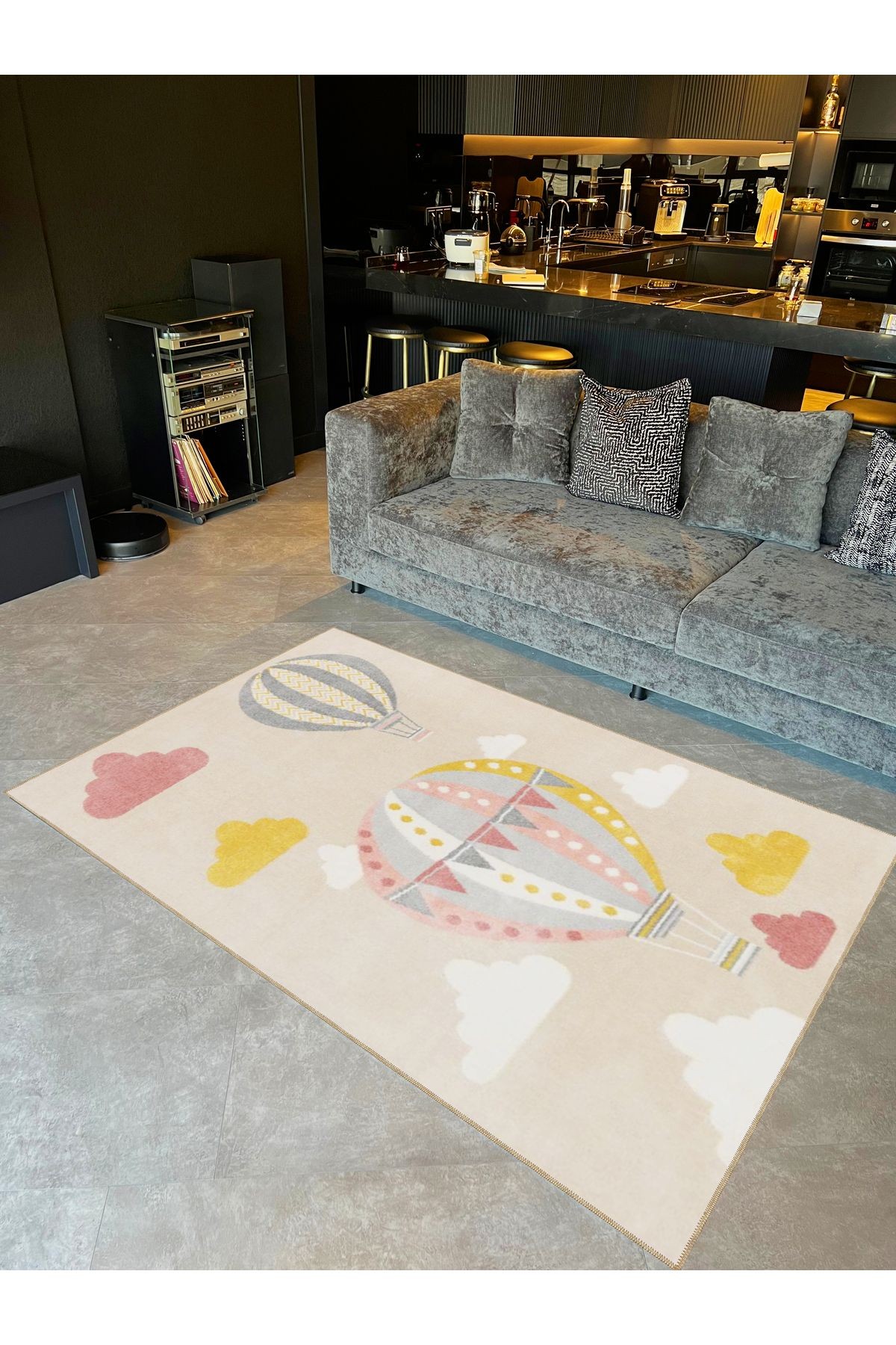 Seda Koleksiyonu Pastel Tonlarda Uçan Balonlar Desenli Dokuma Taban Modern Dekoratif Halı seda42