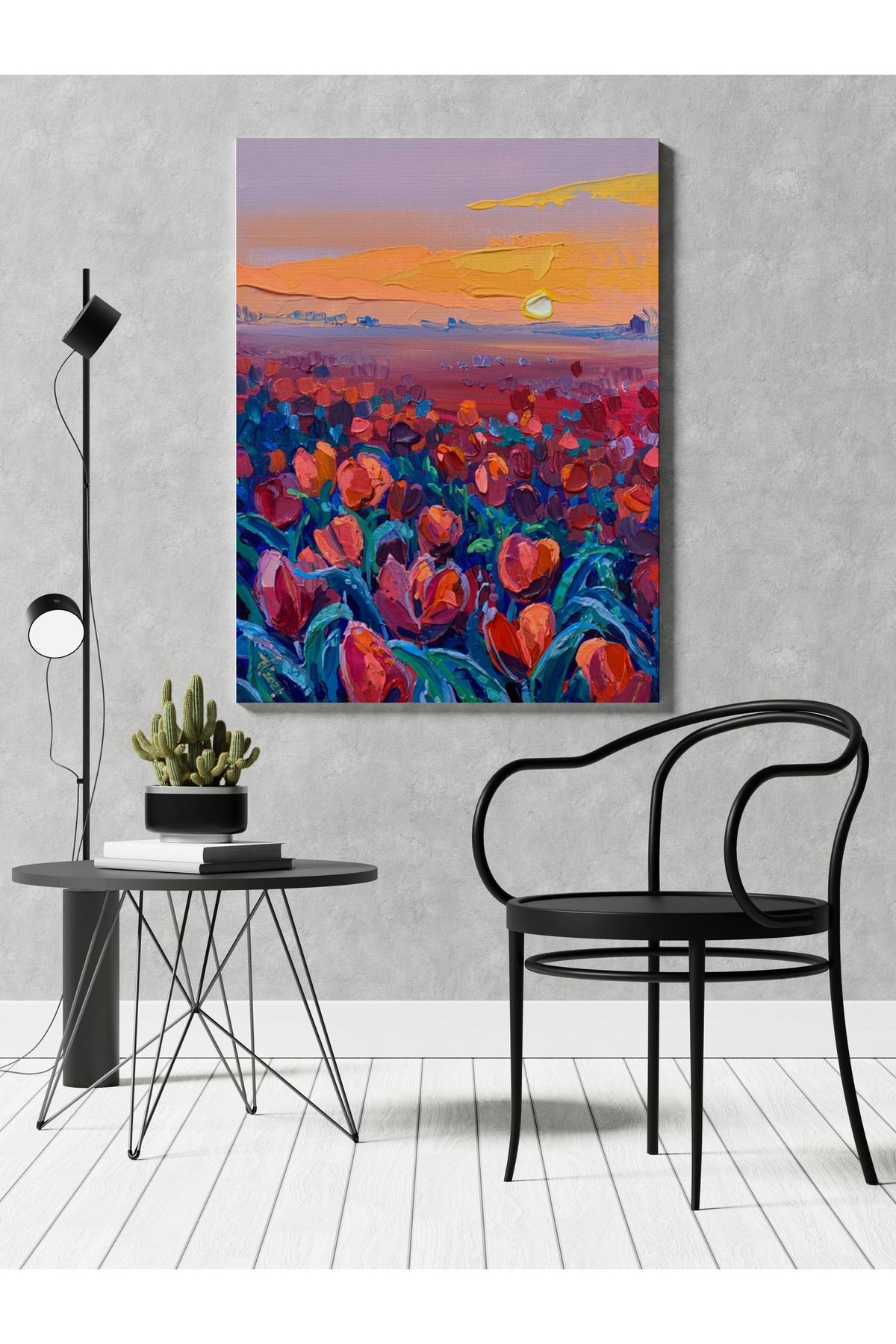 Kanvas Tablo Pastel Boyalı Kalp Desenli Bitki Manzaralı Desenli Modern Tablo