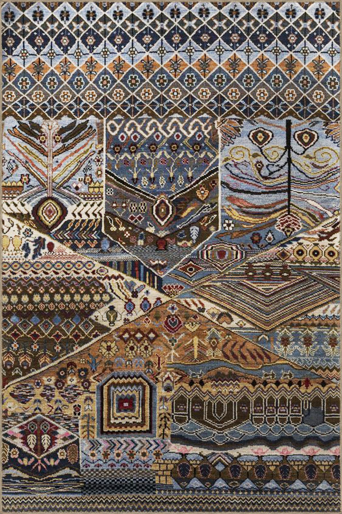 Mavi Gri Geometrik Geleneksel Dokuma Taban Halı 4047