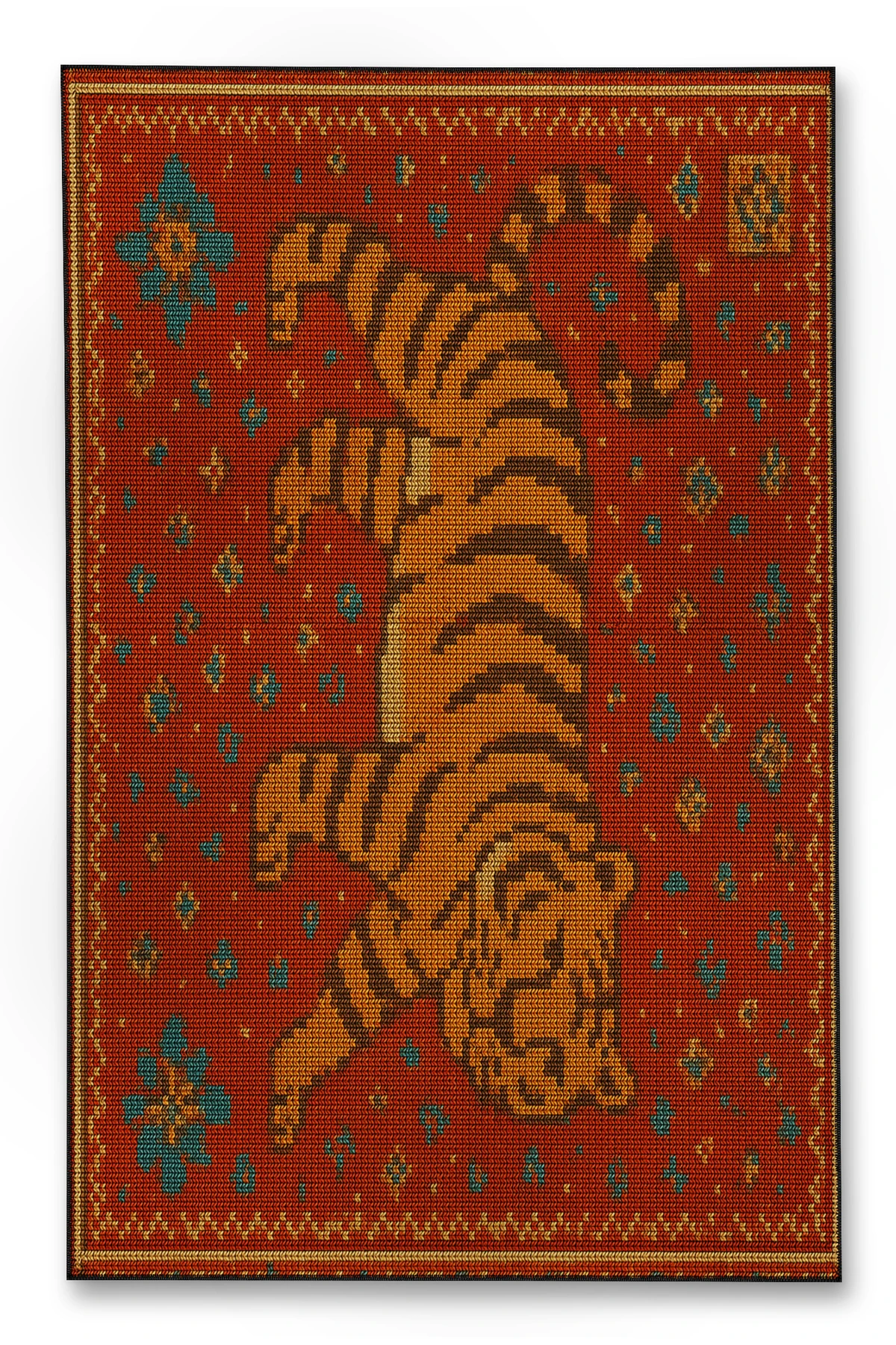 MOSSO Kırmızı Temalı Motifli ve Kaplan Desenli Dokuma Taban Modern Dekoratif Halı mosso358