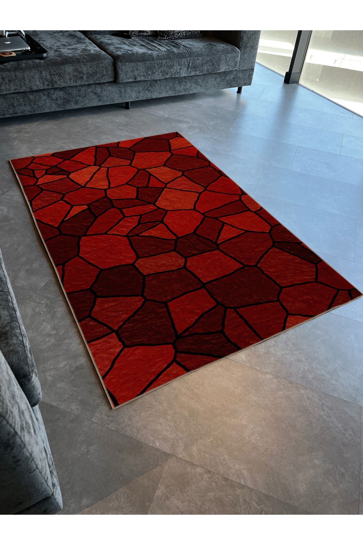 Kırmızı Temalı Karma Geometrik Şekil Mermer Desenli Kreatif Modern Dekoratif Halı 2360