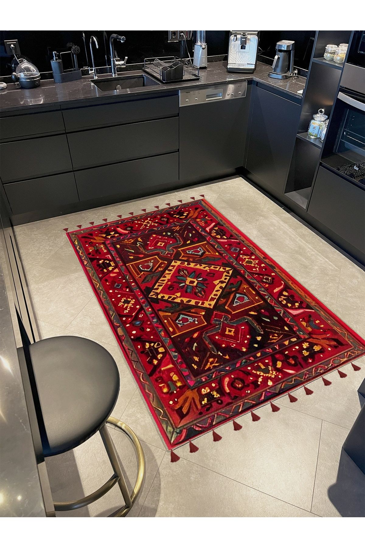 Royal Antik Şekiller Desenli Püskül Detaylı Dokuma Taban Dekoratif Halı royal36