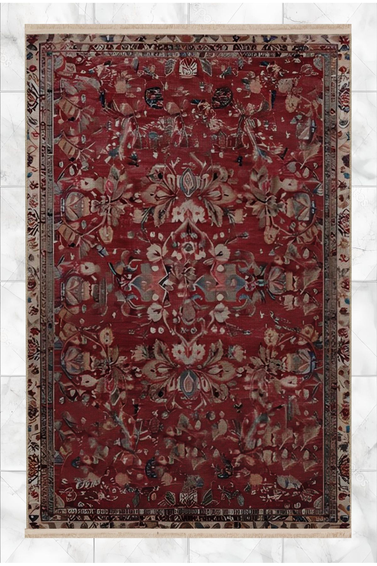 Mira Vintage Bej Kırmızı Geleneksel Temalı Desenli Dokuma Taban Yıkanabilir Halı miravintage08